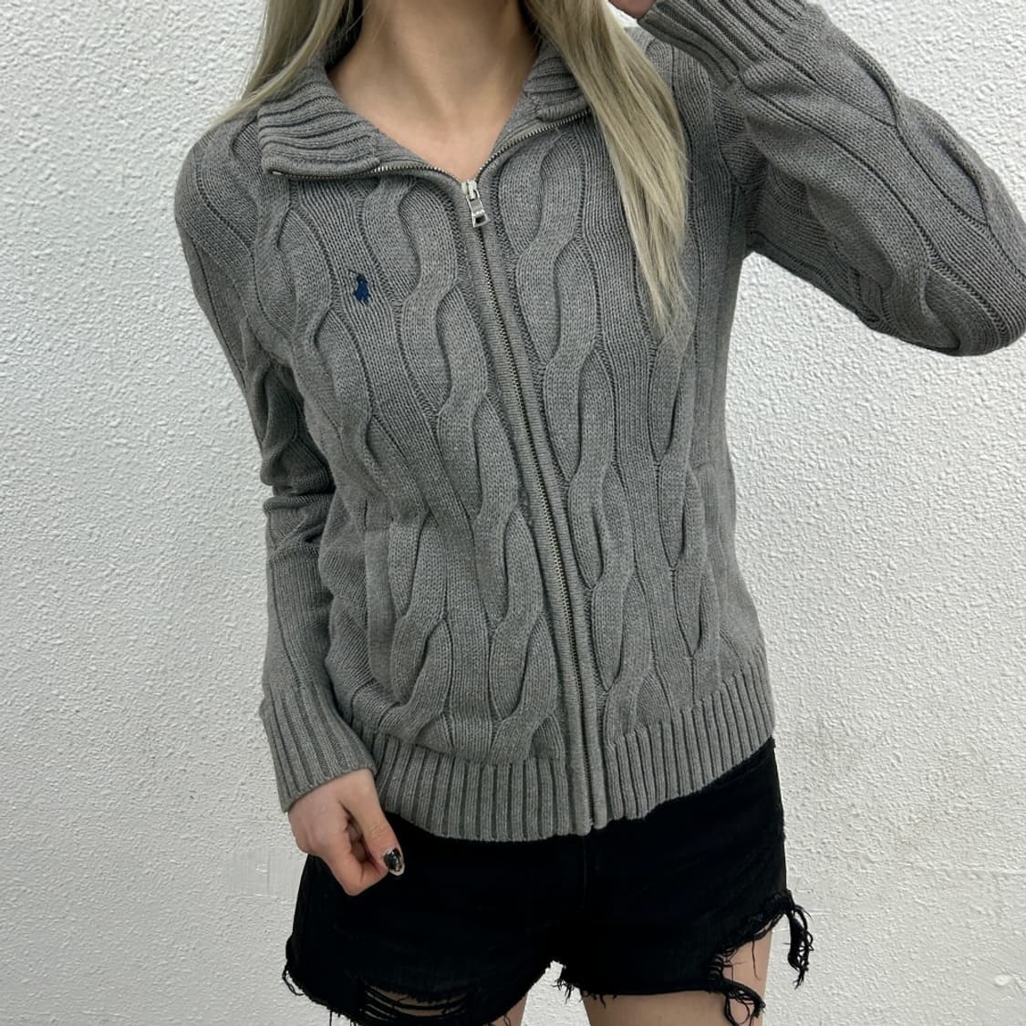 폴로 랄프로렌 네이비포니 그레이 꽈배기 니트집업 XS 상품이미지1