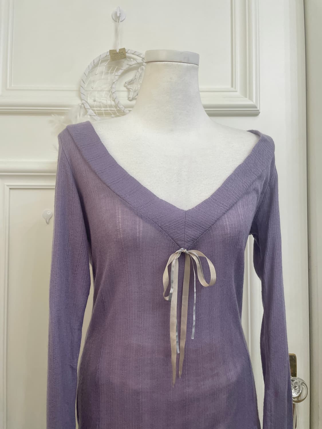 purple satin bow v-neck knit top 상품이미지6