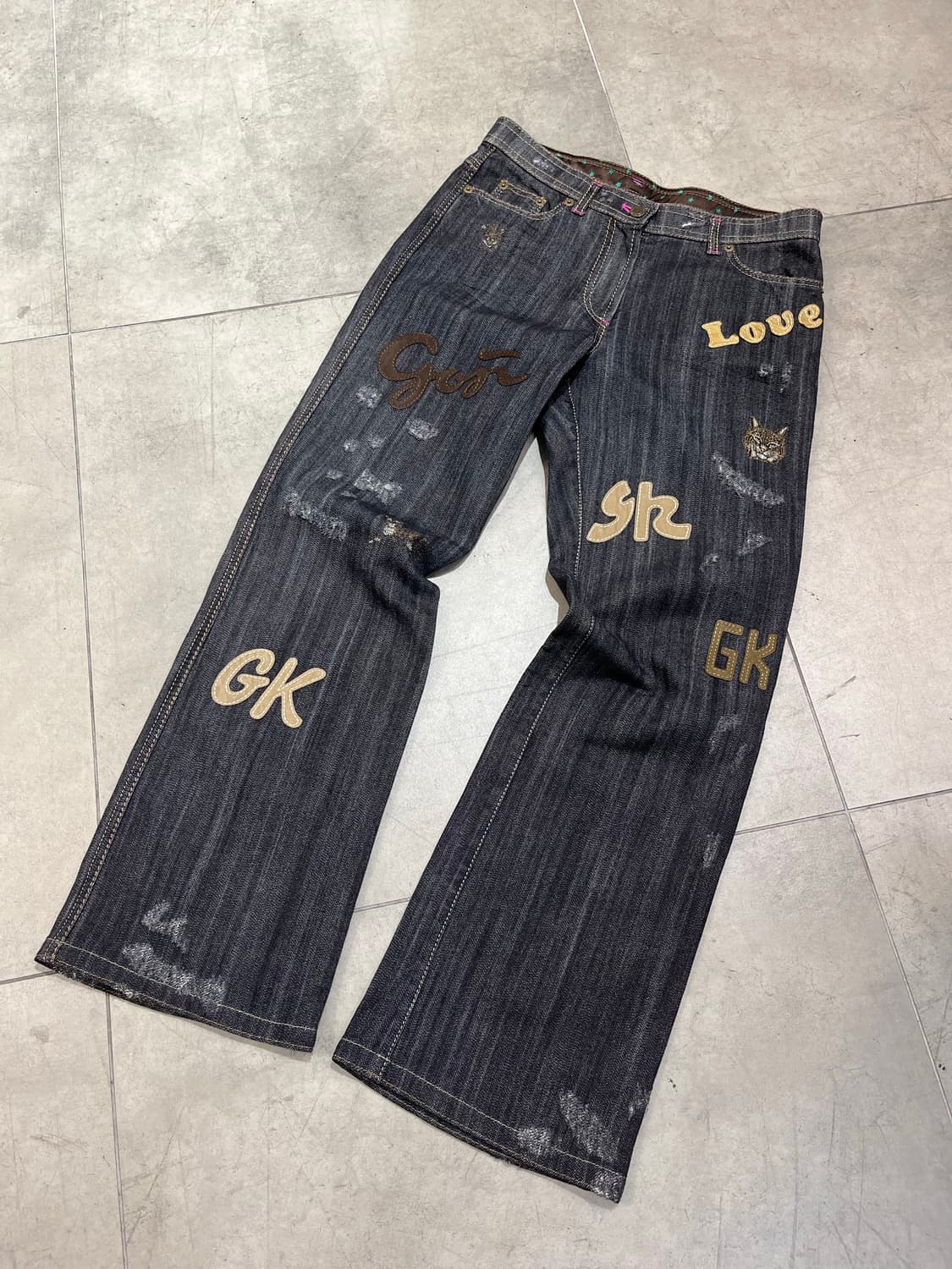 일본 빈티지 모리걸 고양이 레터링 패치 와이드 데님 팬츠  상품이미지1