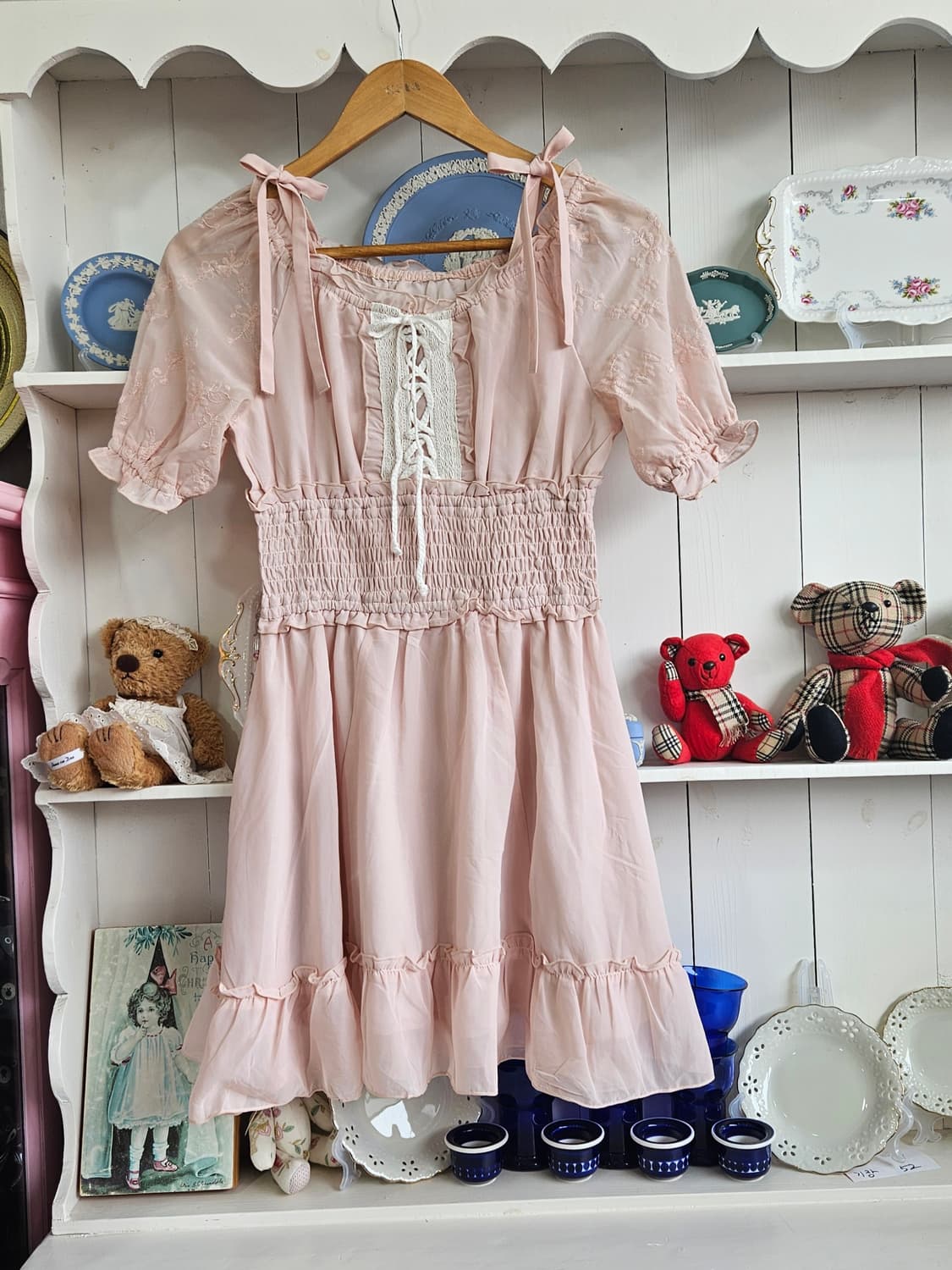 리본숄더 스모크 핑크 원피스 상품이미지1