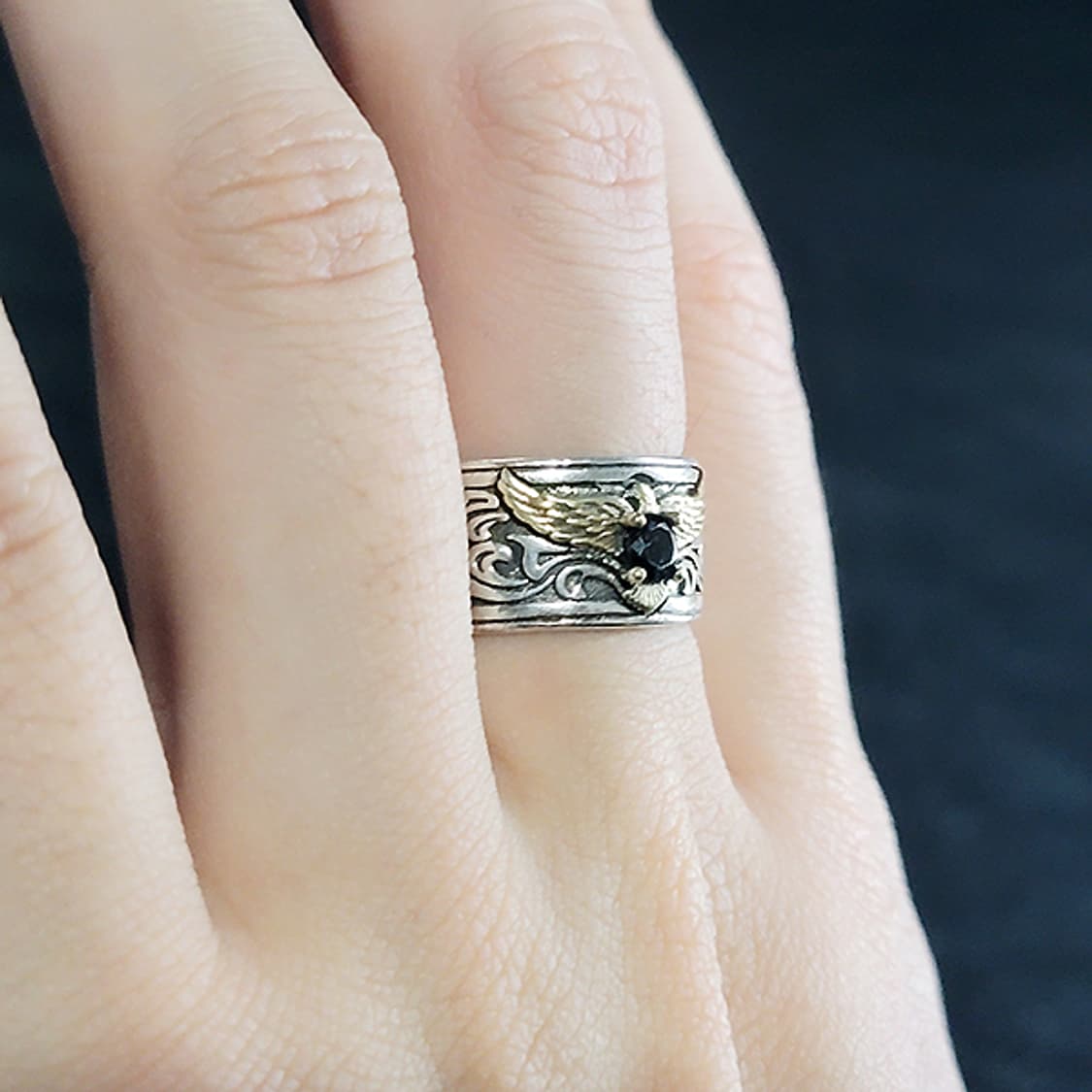 Ecliptor 실버 남자 엔틱 빈티지 명품 흑요석 날개 독수리 반지 상품이미지6