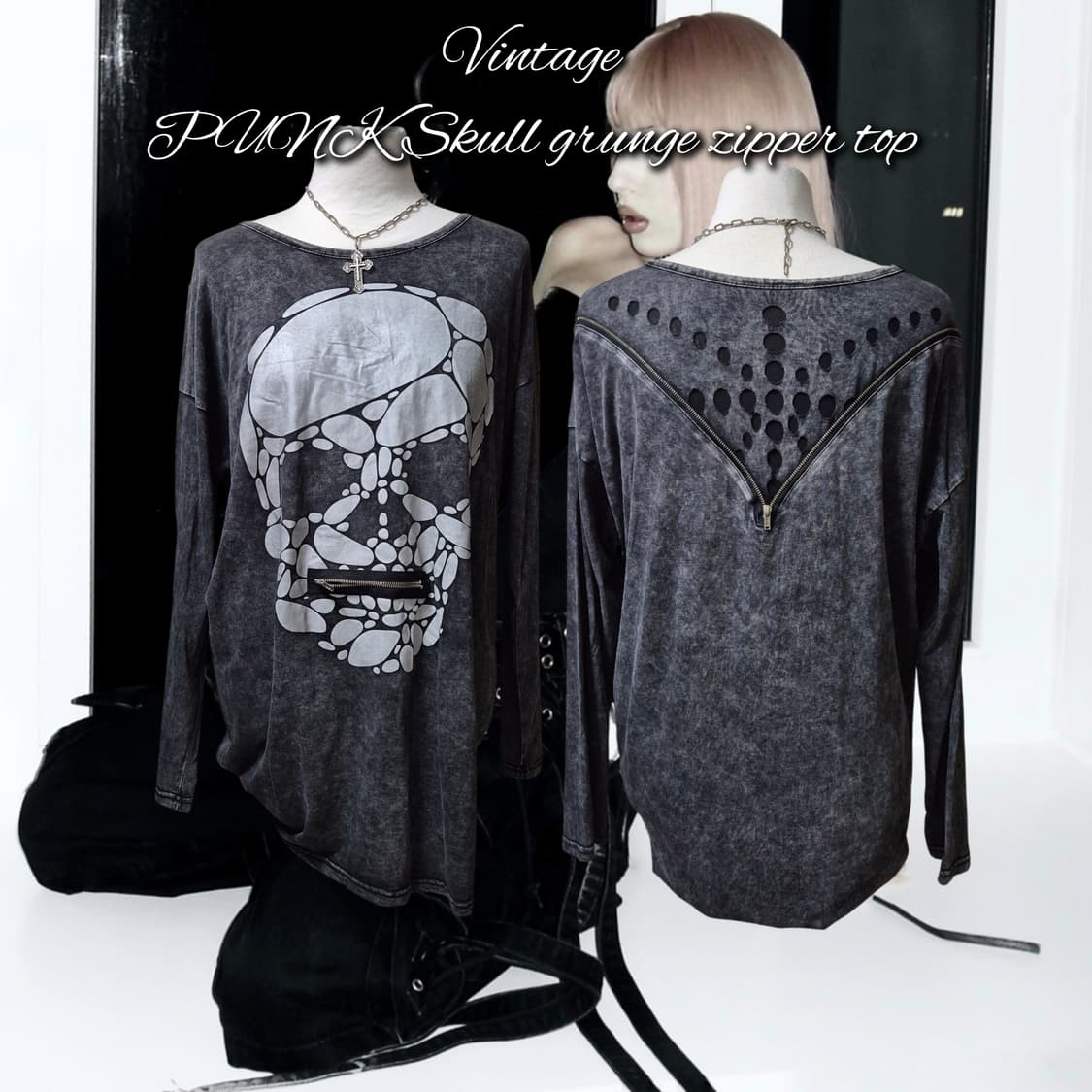 Vintage PUNK Skull grunge zipper top 상품이미지1