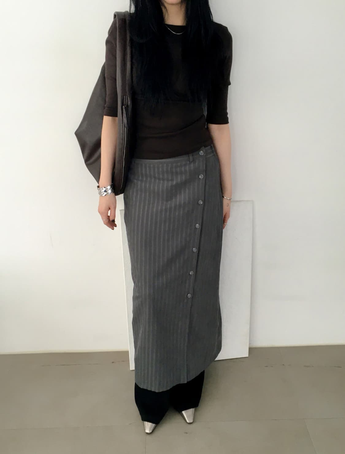 버튼 스트라이프 롱스커트 상품이미지2