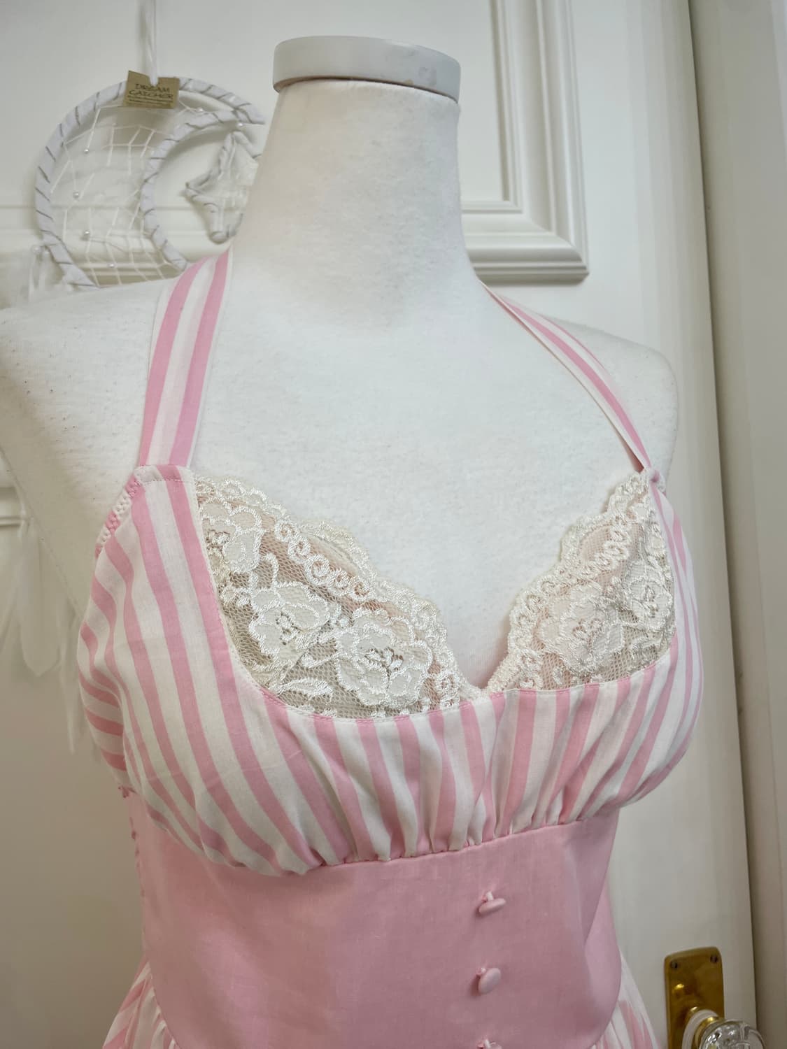 pink white stripe lace bow cotton halter 상품이미지6