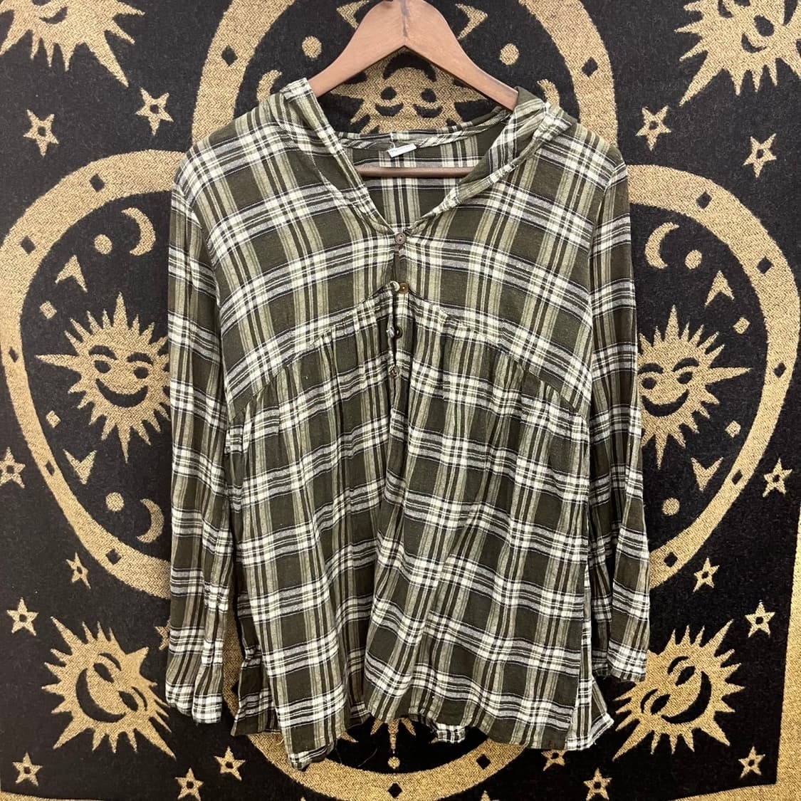 빈티지 러블리 코지 타탄체크 말차카키 셔링 후드 블라우스 K0109 상품이미지3