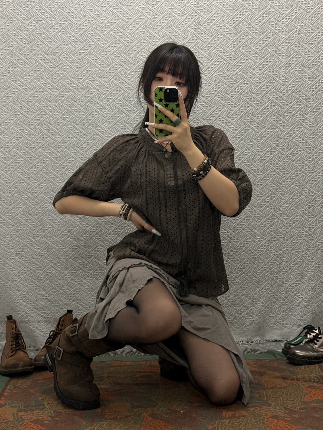 빈티지 오리엔탈 코지 모리 펀칭 태슬 퍼프 반팔 블라우스 K0121 상품이미지1