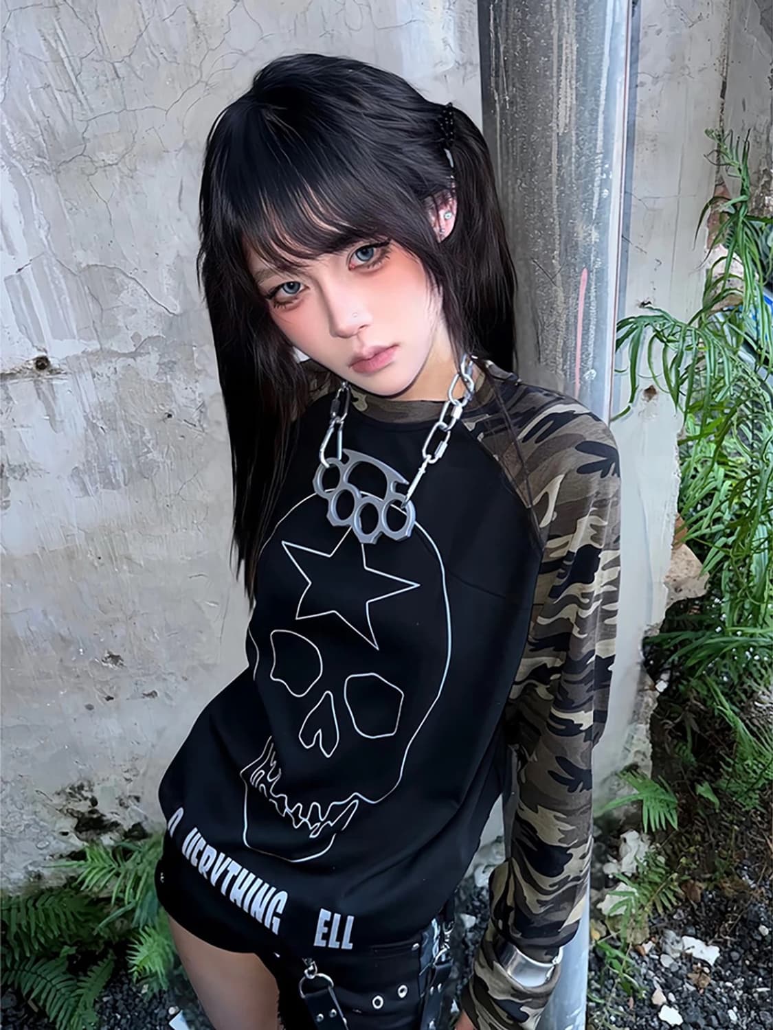 카모 소매 스컬 프린팅 래글런 긴팔 티셔츠 상품이미지3