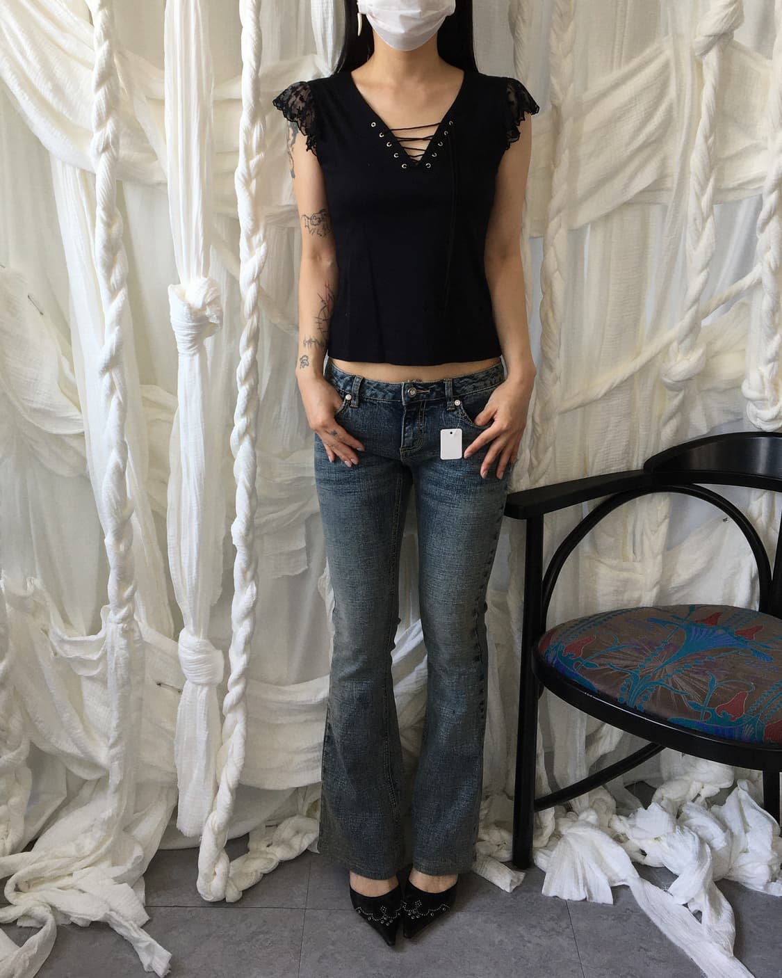 Lace sleeve point lace up t shirt 상품이미지6