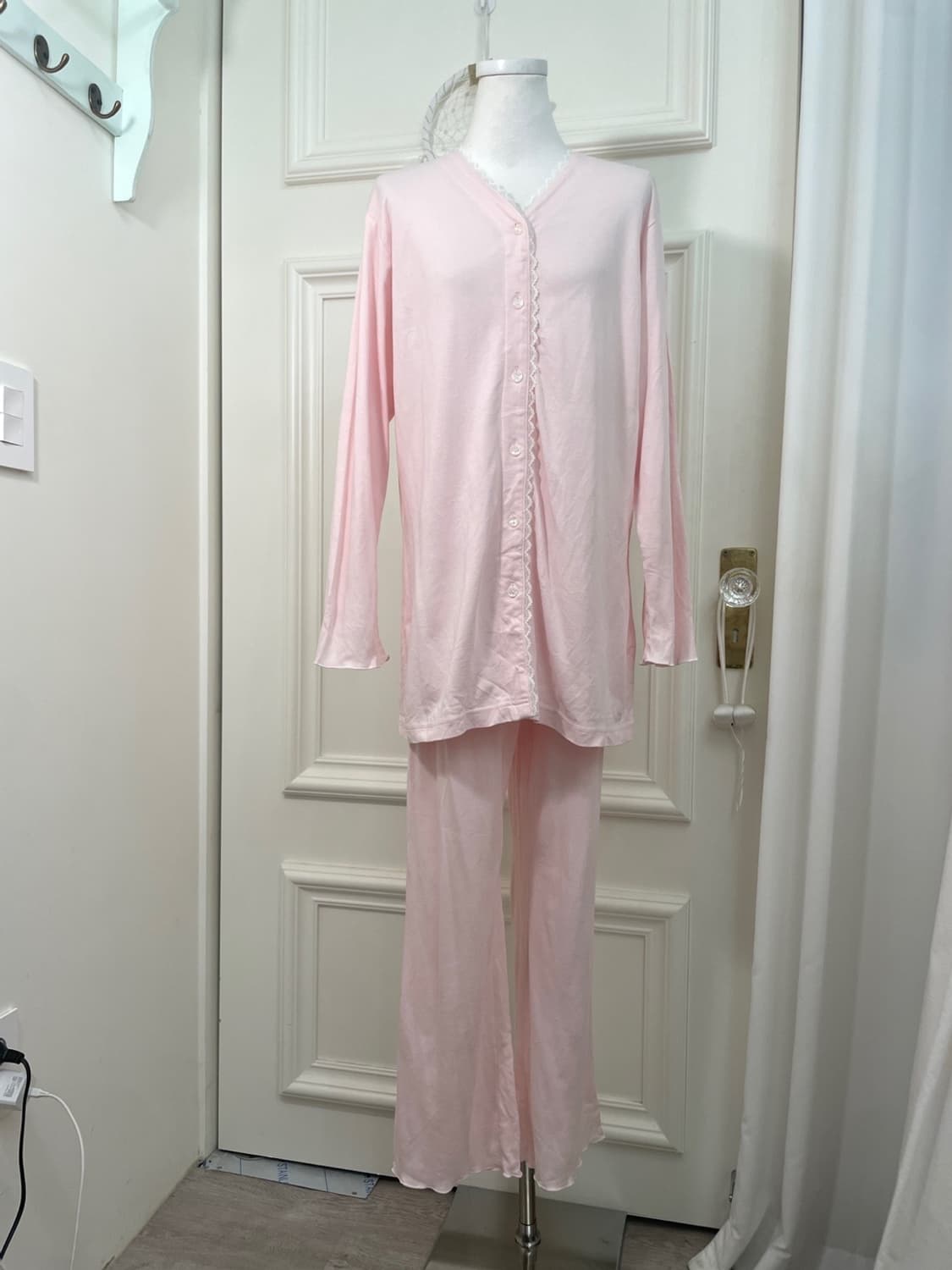 pink cotton lace point 3pcs pajama set 상품이미지6