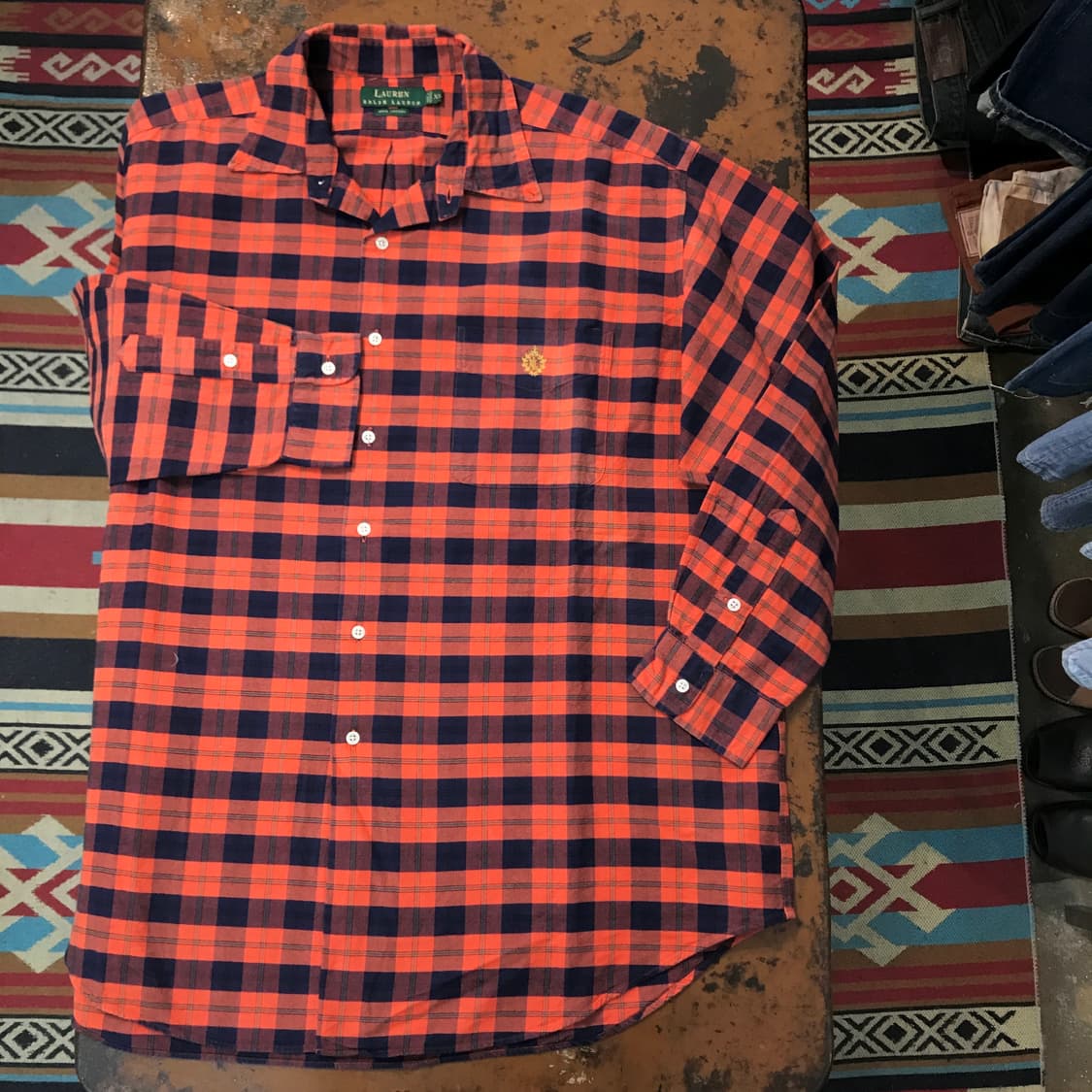 랄프로렌 그린 라벨 네이비 오렌지 타탄 체크 옥스포드 셔츠 남성 115 상품이미지5