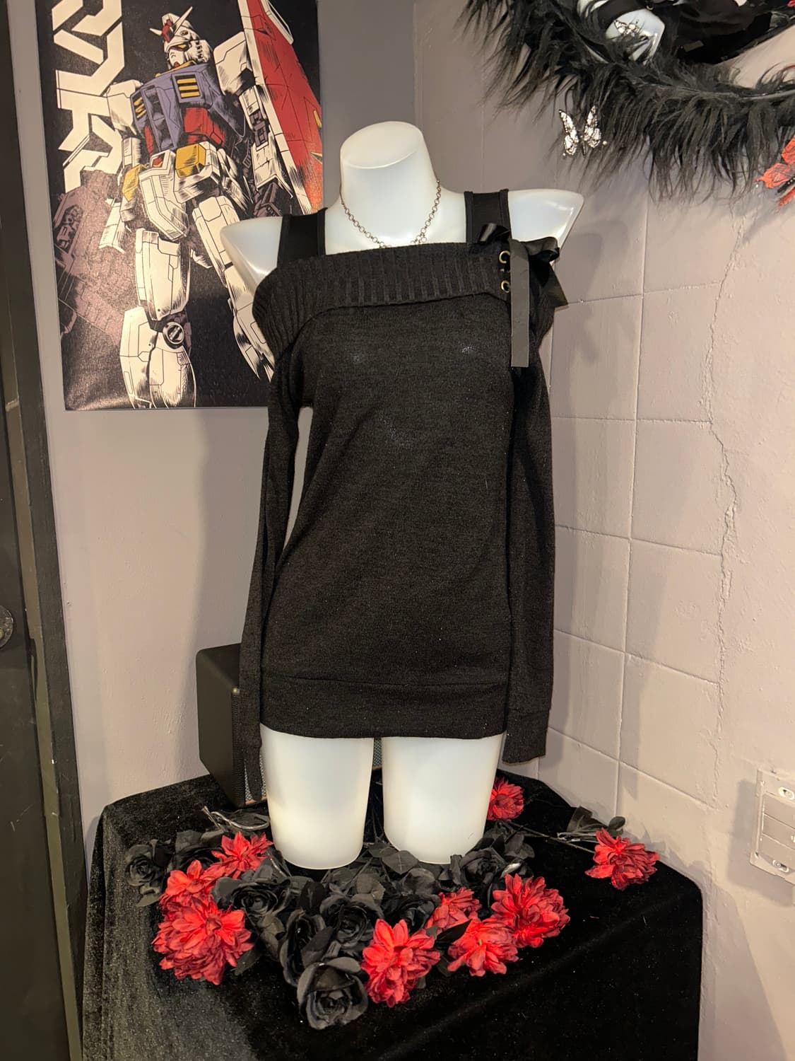 DIG DEEP 디그딥 리본 오프숄더 니트 긴팔 원피스 갸루 상품이미지2