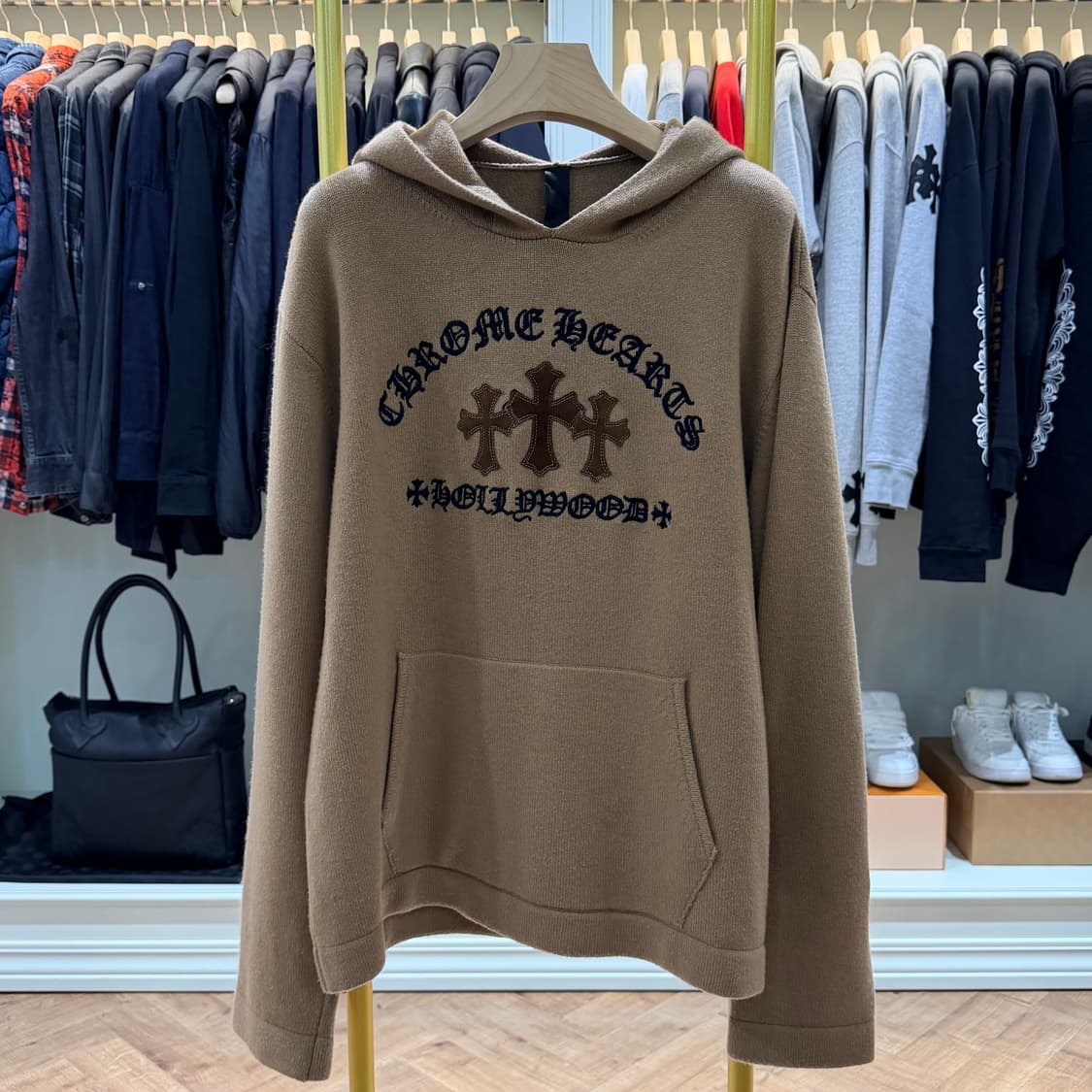 L사이즈 / 크롬하츠 트리플 크로스 스웨이드 패치 캐시미어 후드티 베이지 상품이미지1