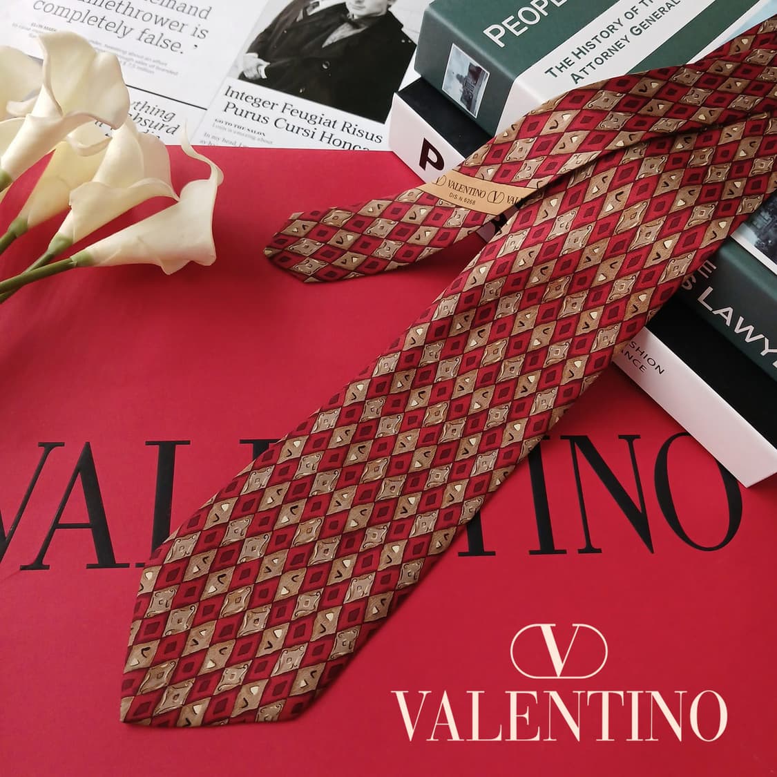 발렌티노 실크 레드 기하학 패턴 넥타이 9.5cm A+등급 E877 상품이미지2