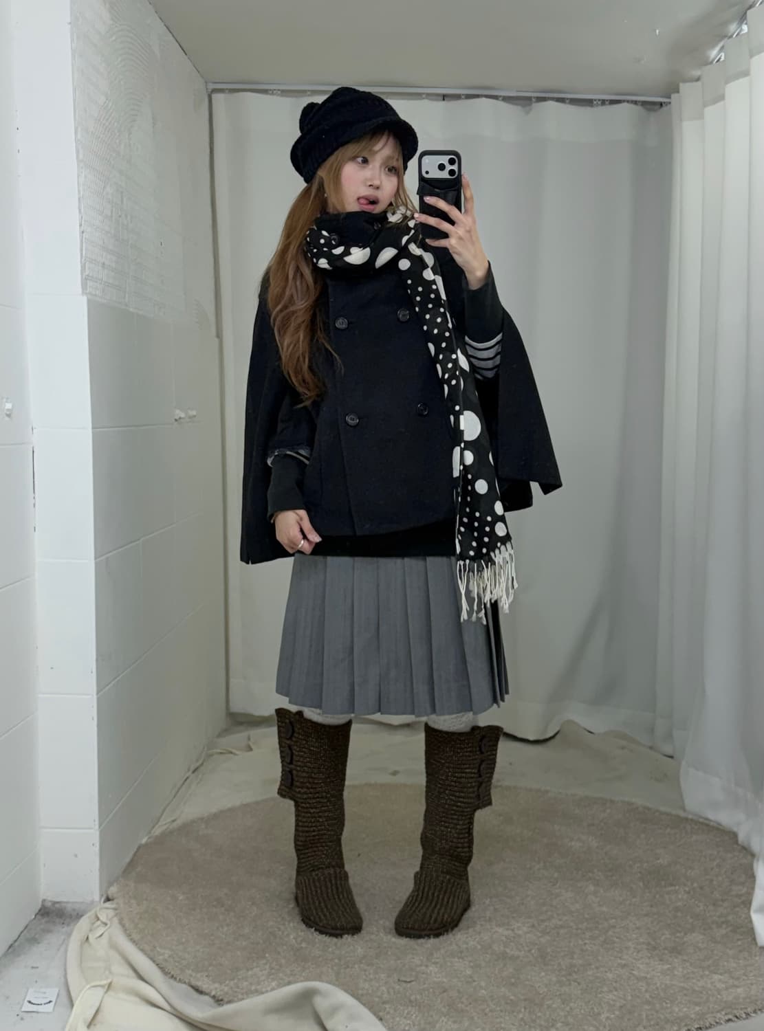 사와코 그레이 니혼진 하이넥 더블버튼 케이프 코디세트 상품이미지1