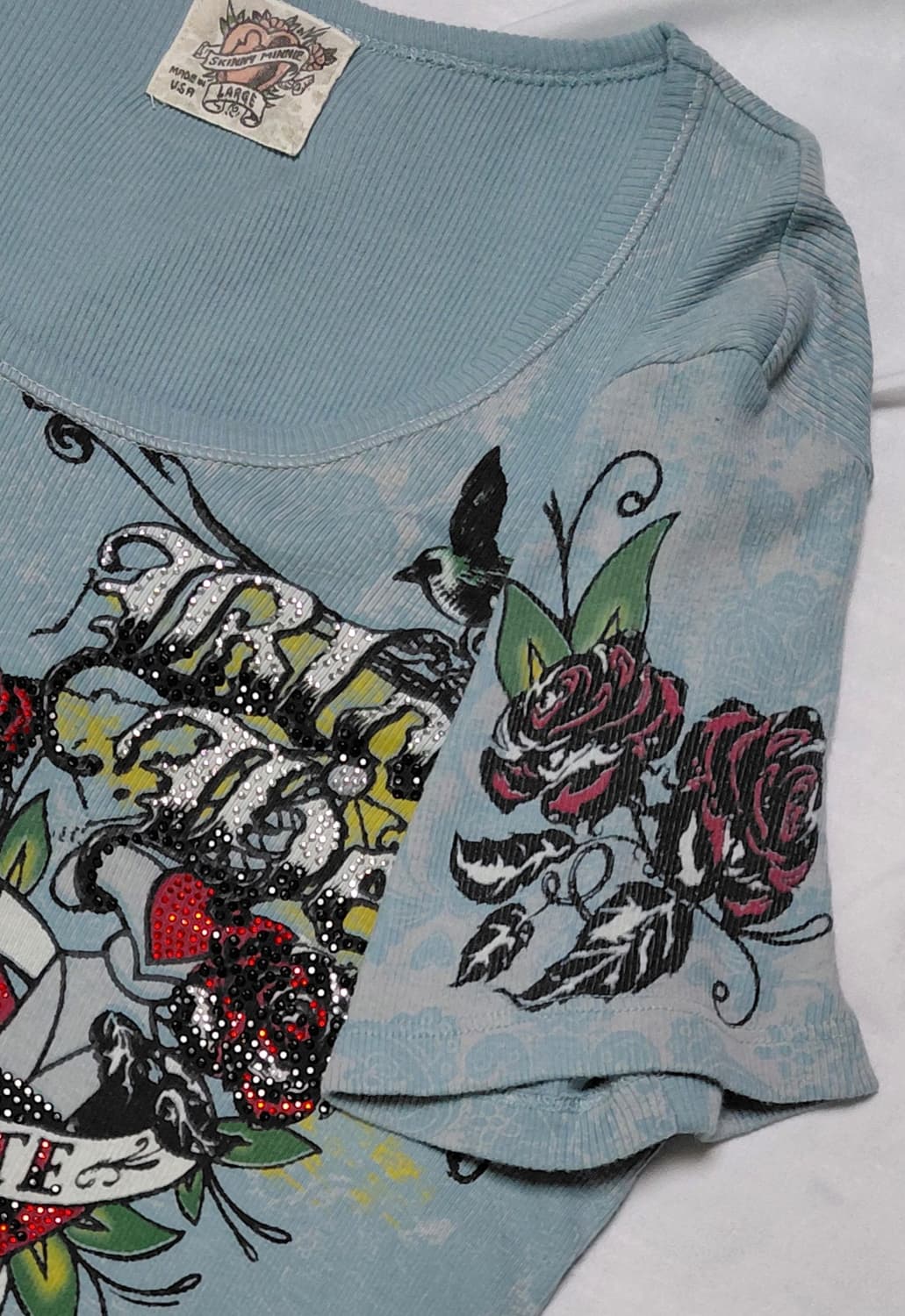 [L] 빈티지 Skinny Minnie 타투 아트 라인스톤 티셔츠 상품이미지4
