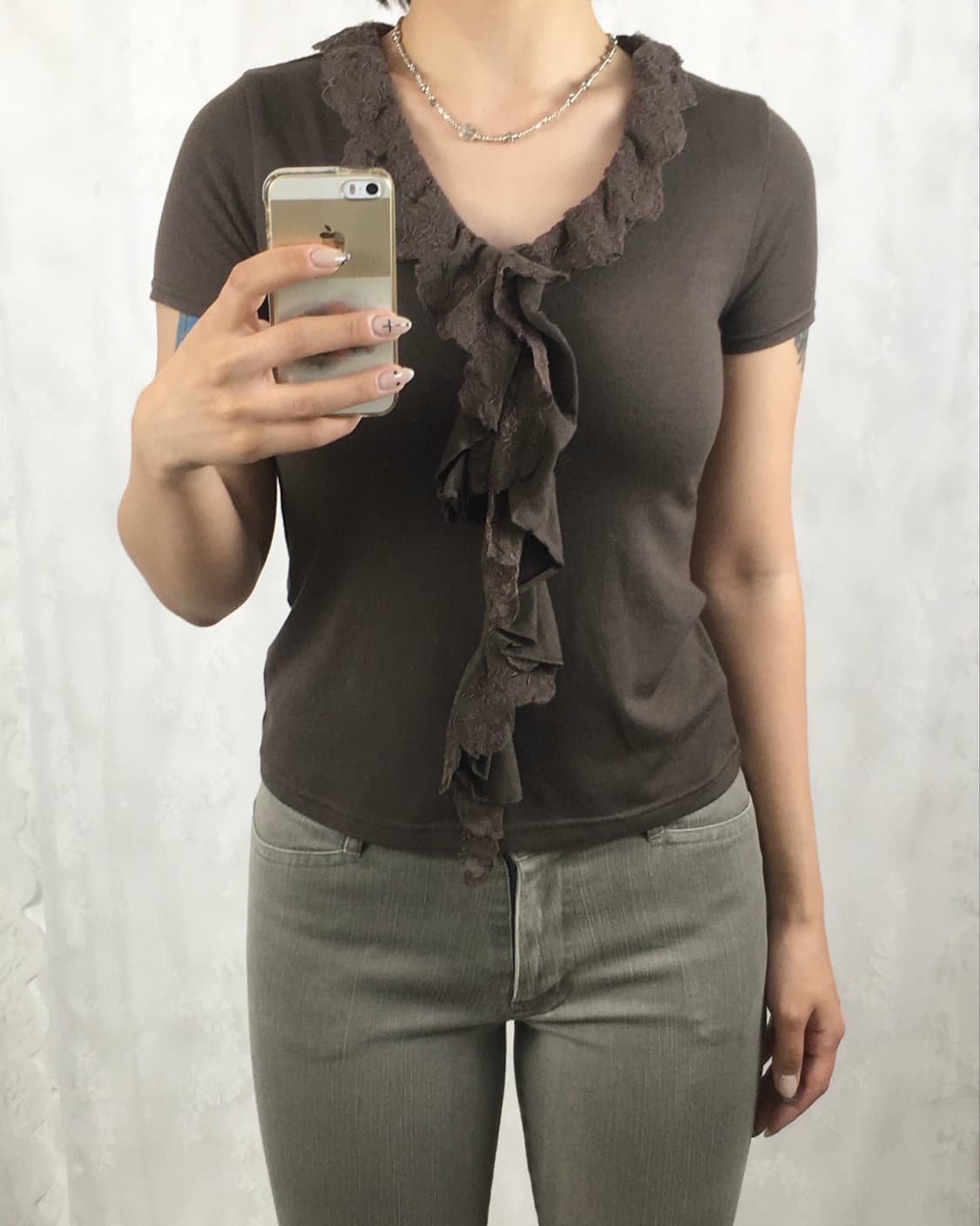 JPN khaki brown lace frill top 상품이미지3
