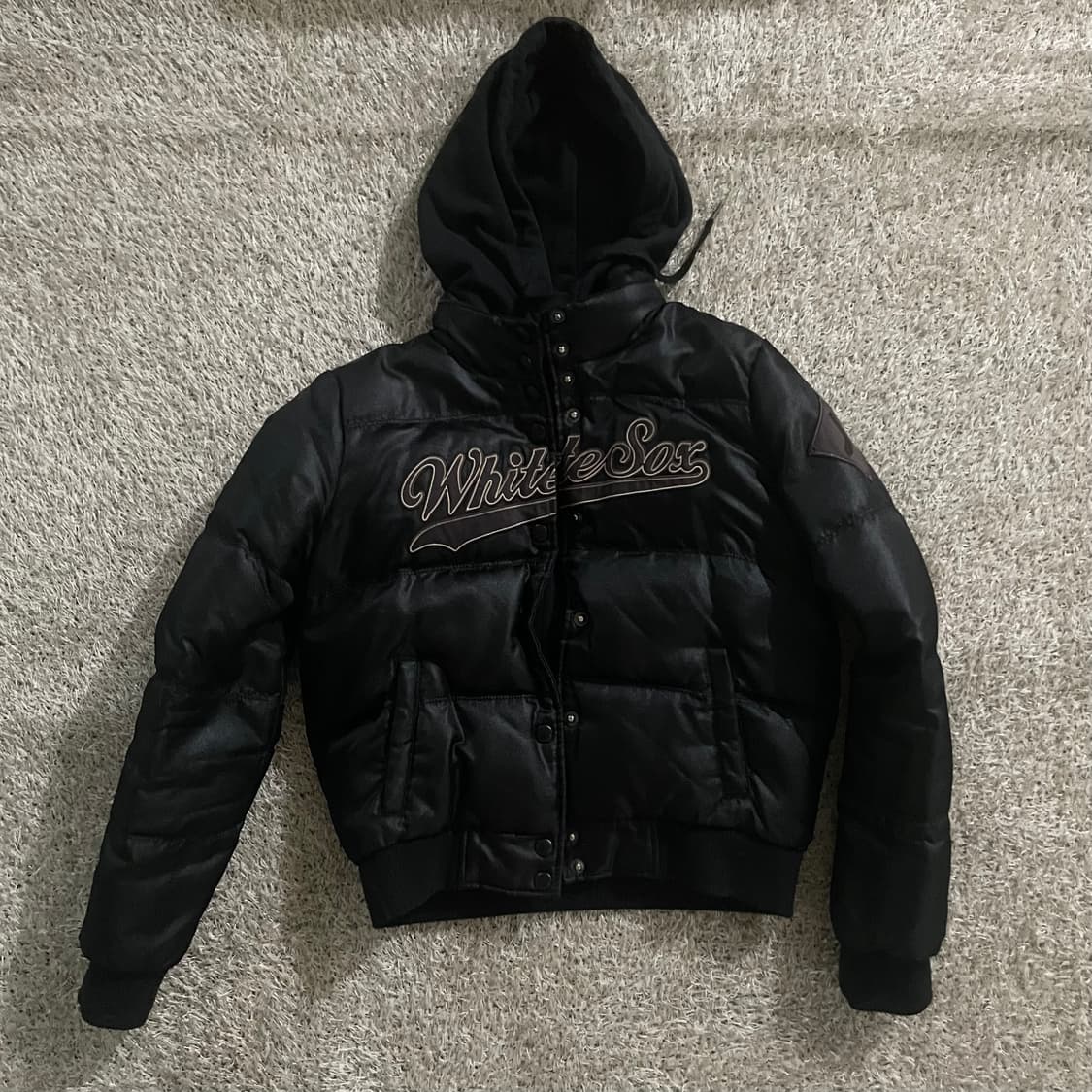 MLB 후드 레이어드 바시티 패딩 자켓 블랙 상품이미지2