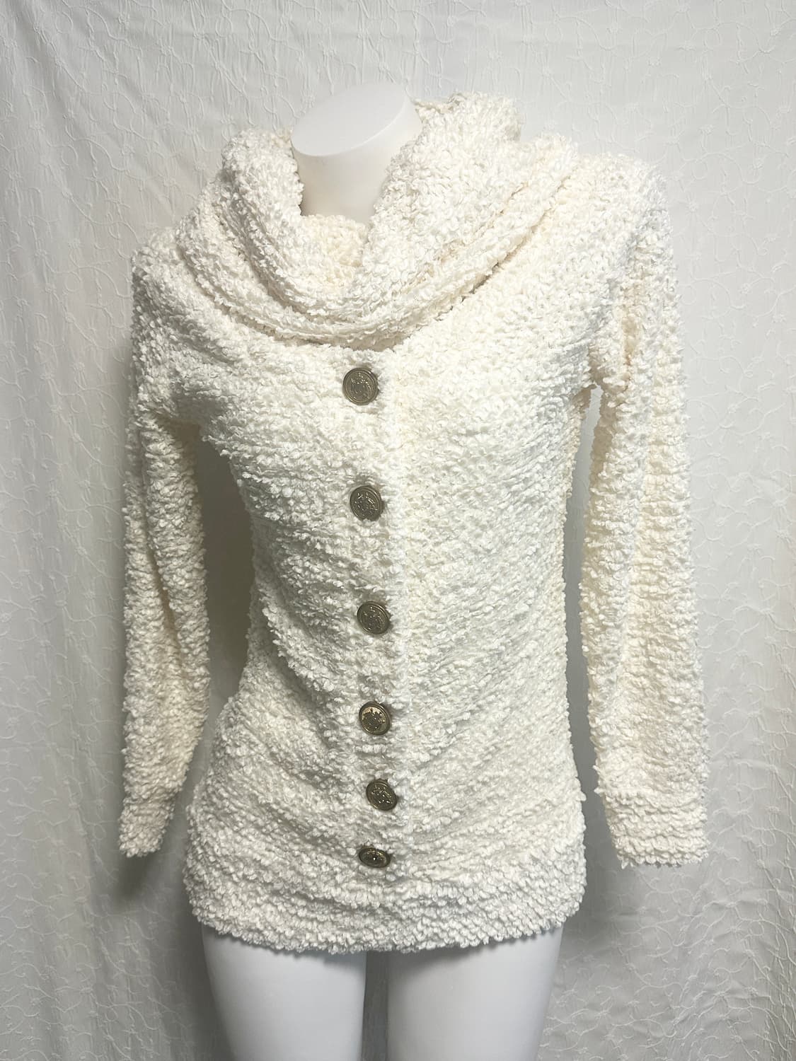 빈티지 갸루 금장 부클 니트 하이넥 오프숄더 원피스 탑 상품이미지4