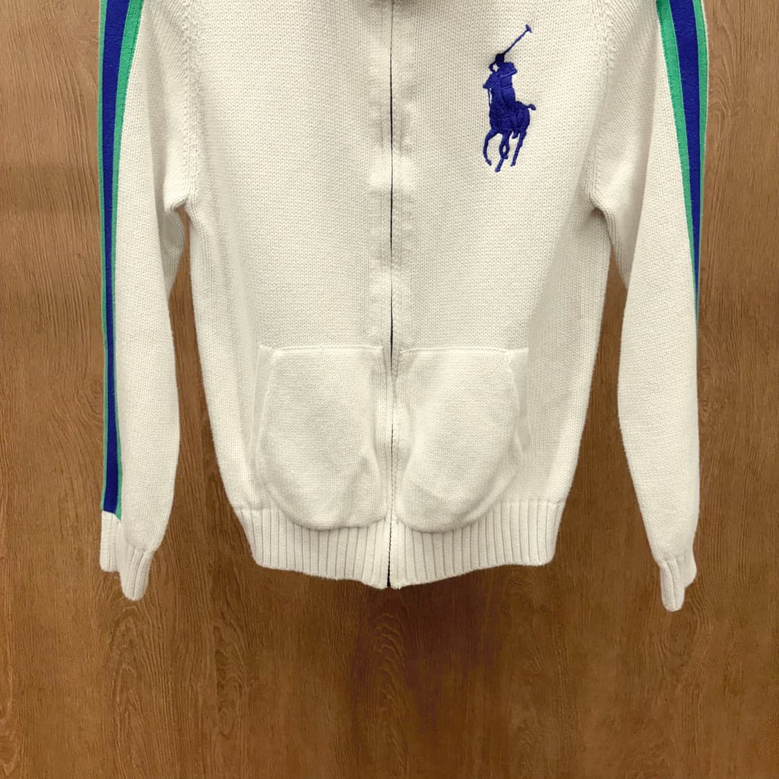 폴로 랄프로렌 니트 집업 가디건 라인 배색 스트라이프 자수 디테일 화이트 상품이미지5