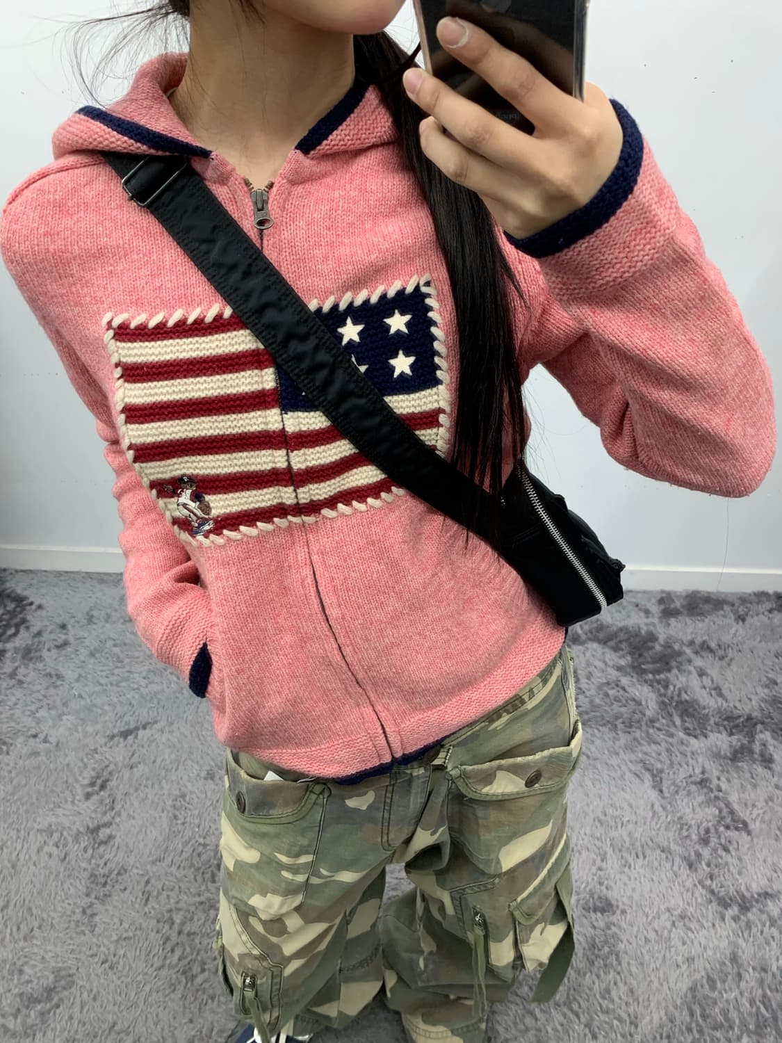 성조기 핑크 니트 후드집업 상품이미지2