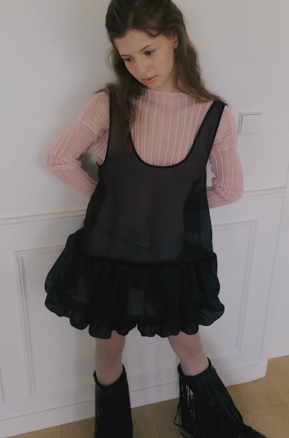 오버듀플레어 오간자 벌룬 미니 드레스 블랙 상품이미지4