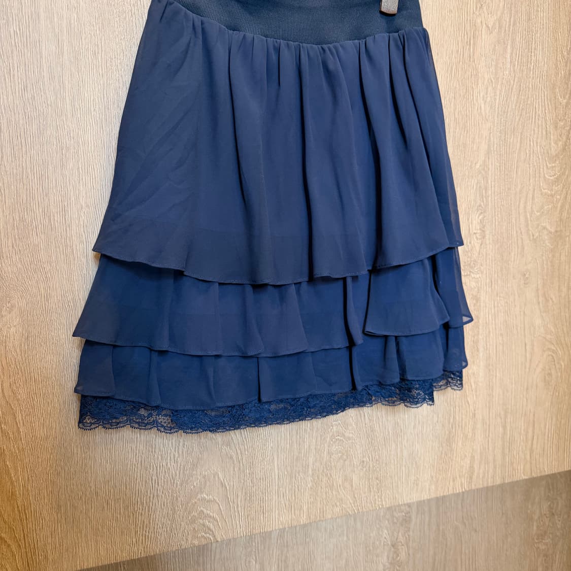 빈티지 캉캉 미디 스커트 쉬폰 레이어드 레이스 디테일 네이비 상품이미지4