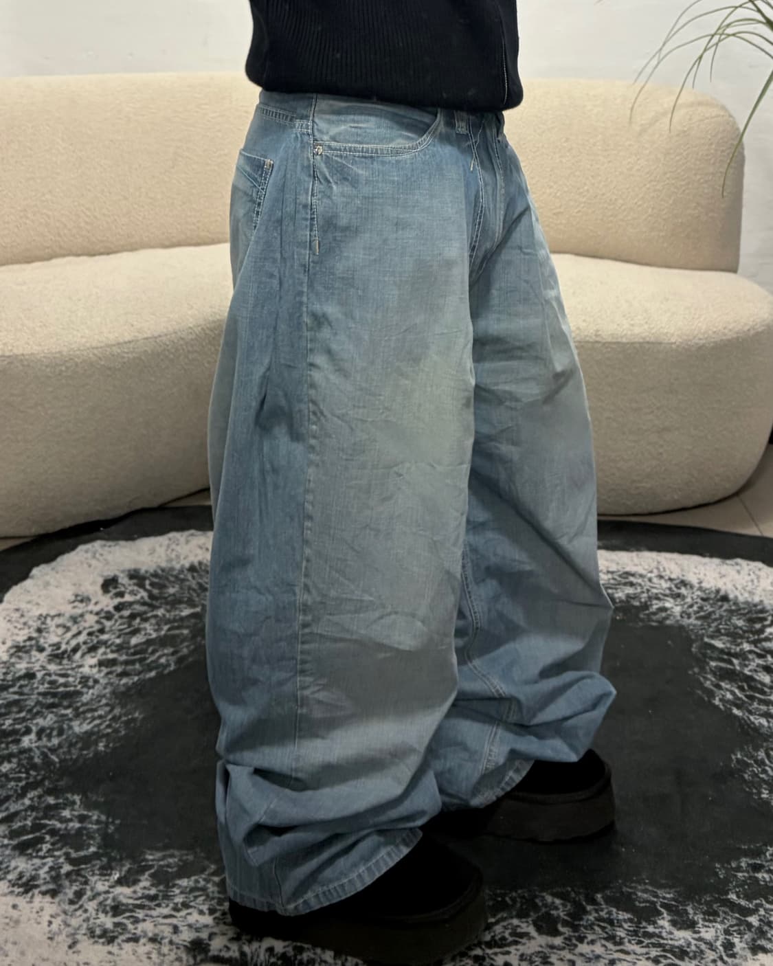 90s vintage 크로스 자수 와이드 데님 팬츠 상품이미지2