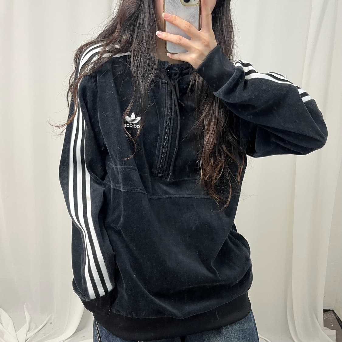 Adidas black cozy velour half-zip hoodie 상품이미지3