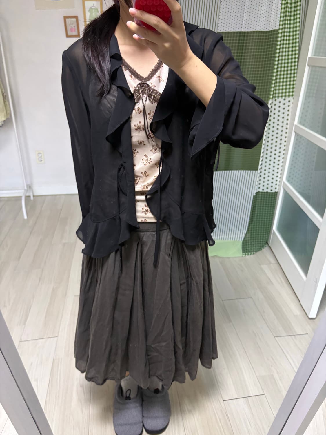 베이지 벨벳 잔꽃 슬리브리스 상품이미지9