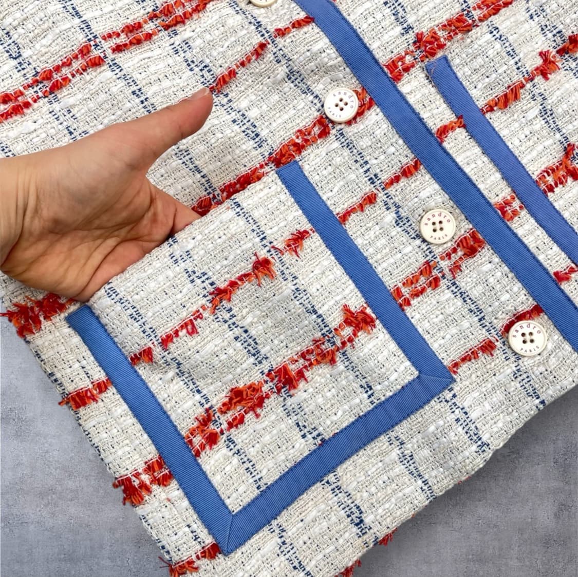 산드로 Sandro 아이보리 멀티 체크 트위드 싱글 자켓 36 상품이미지5