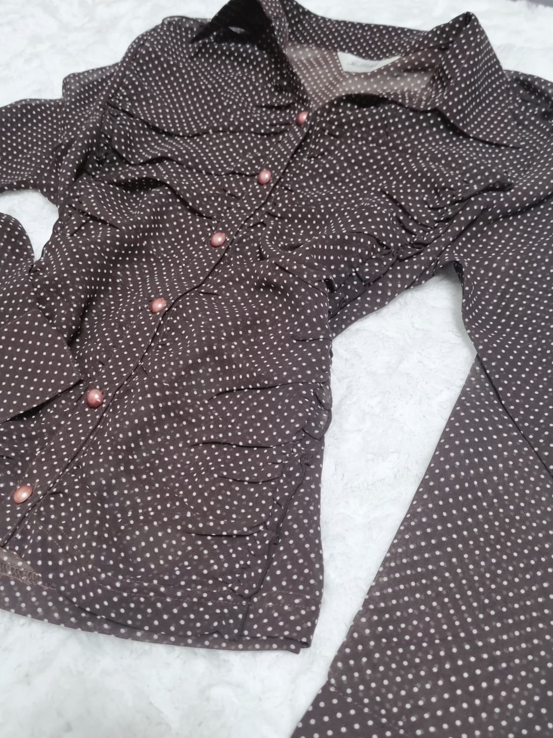 일본 빈티지 도트 블라우스 브라운 셔츠 긴팔 상품이미지3