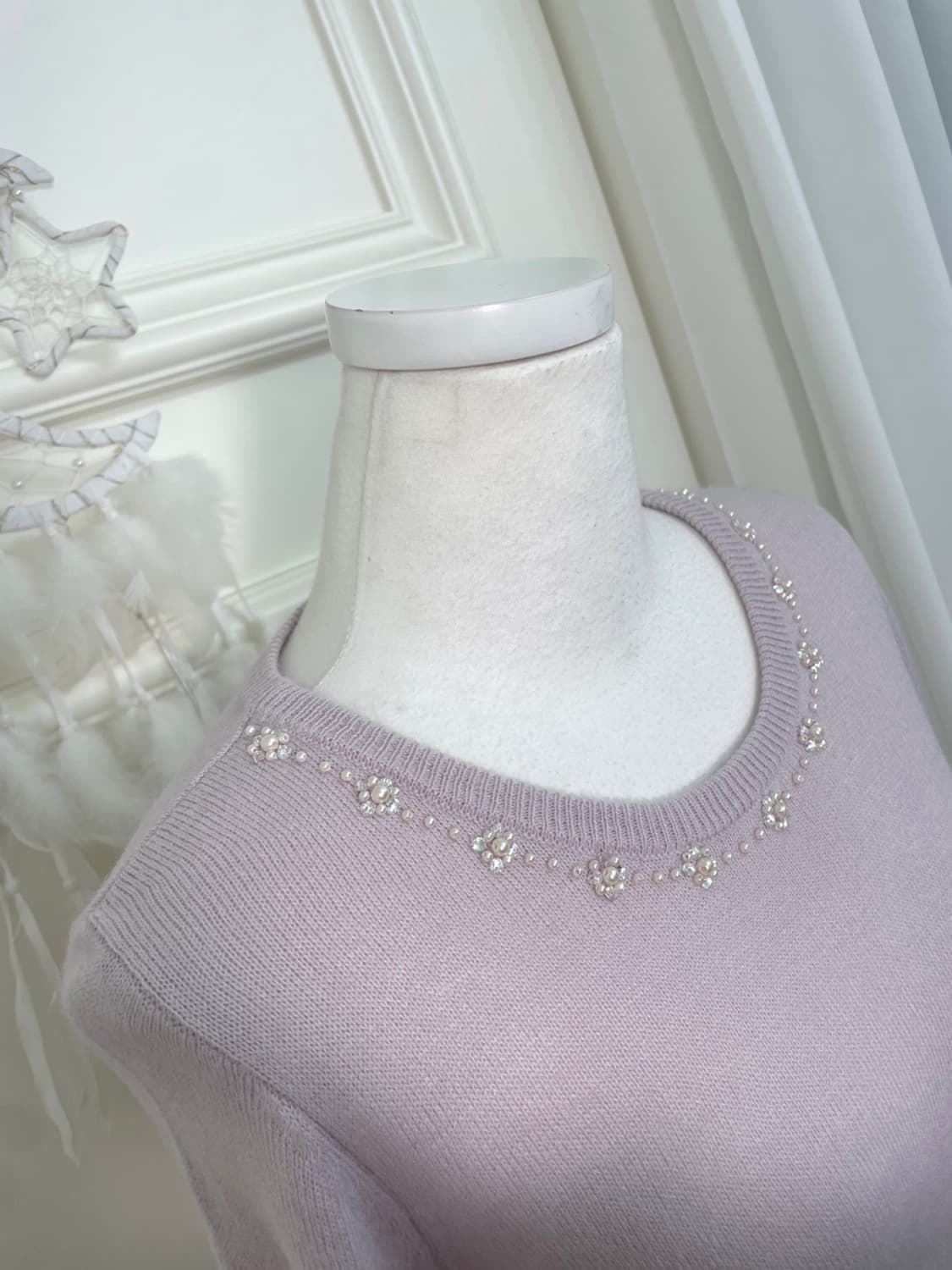 pink lavender neck beads point slim knit 상품이미지7
