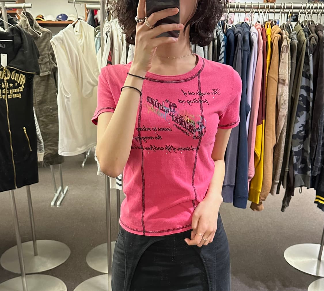 M)Japanese vintage 여성 핑크 블랙 스티치 반팔 상품이미지2
