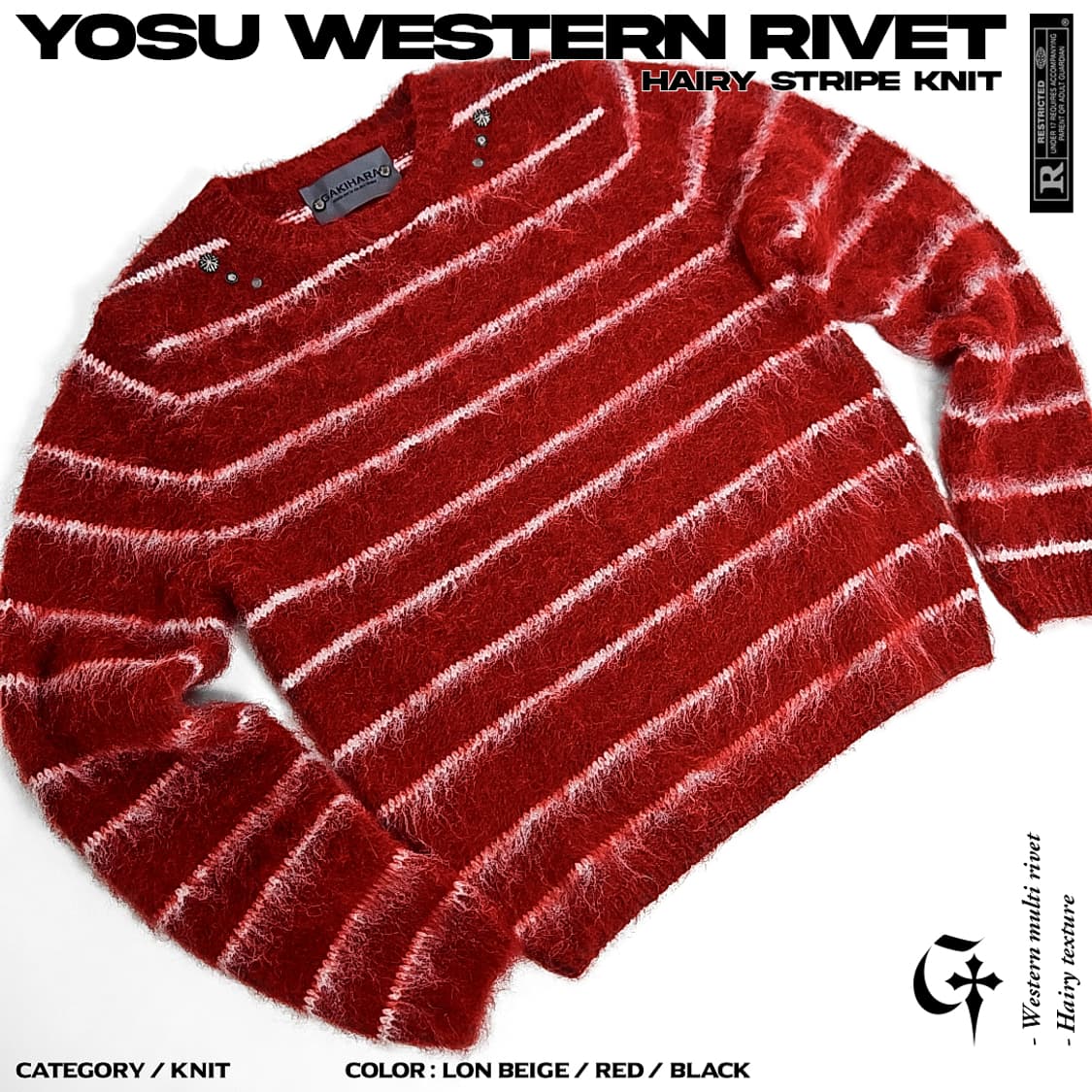 Yosu 웨스턴리벳 헤어리 스트라이프 니트 (red)
 상품이미지4