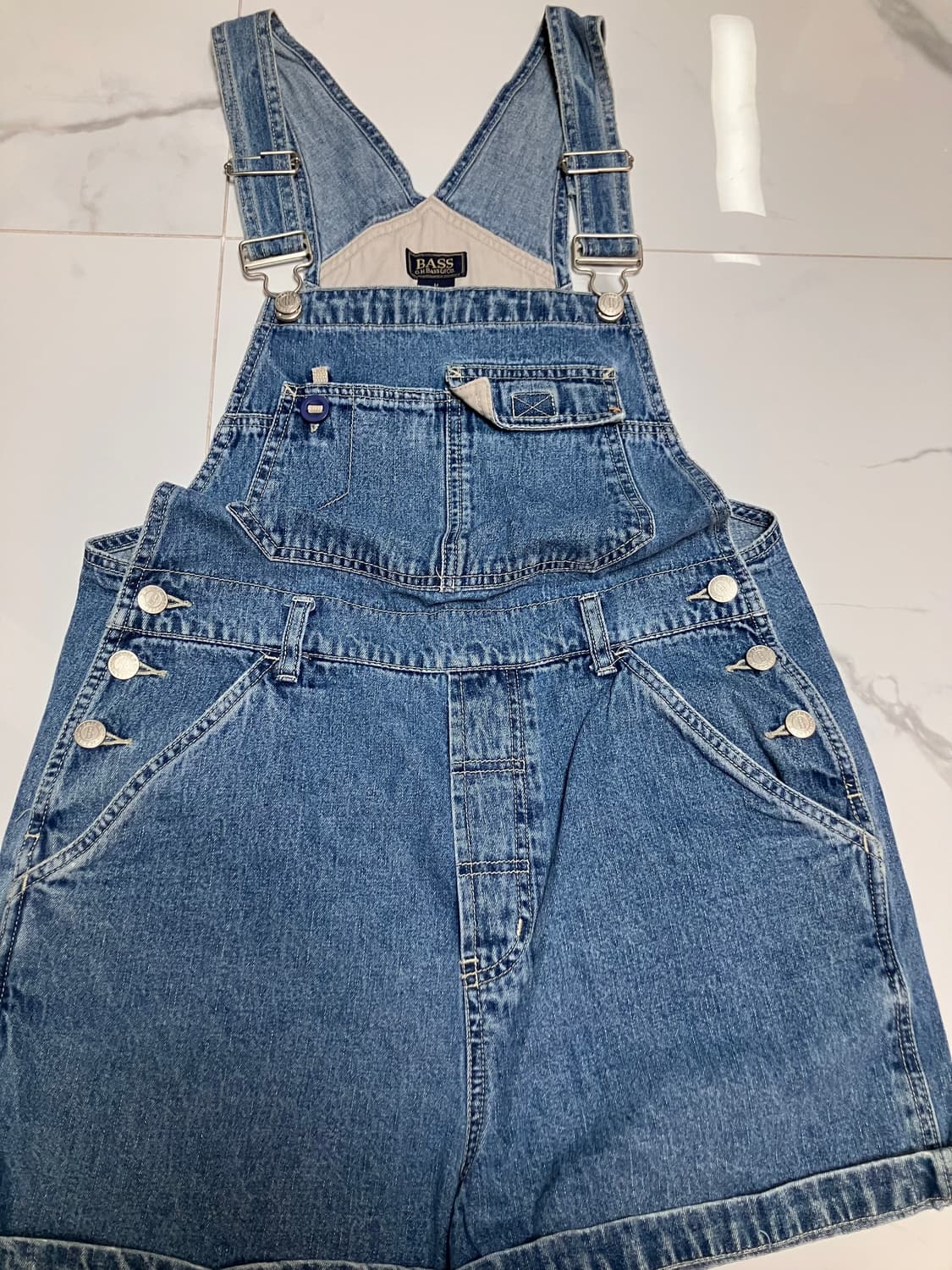 90s 빈티지 미디움워시 데님 오버롤 쇼츠 멜빵바지 청반바지 레이첼그린 상품이미지3