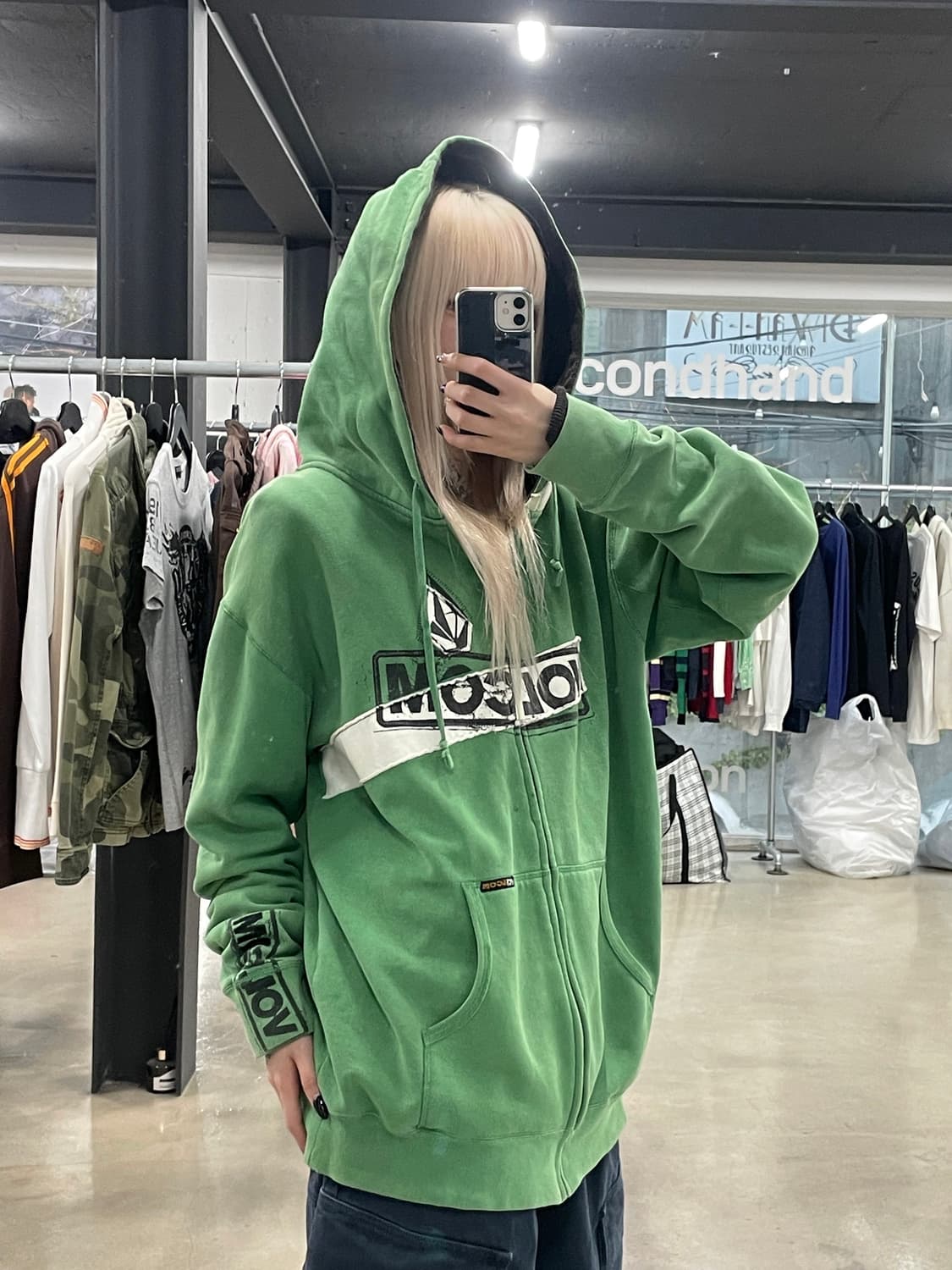 볼컴 Y2K 그린 오버핏 그런지 프린팅 후드 집업 상품이미지1
