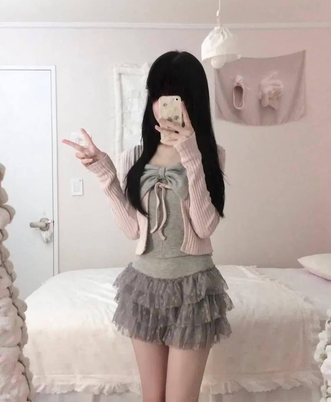 스너그(snug) 그레이 리본 나시+핑크 골지 니트탑 코디세트 상품이미지2