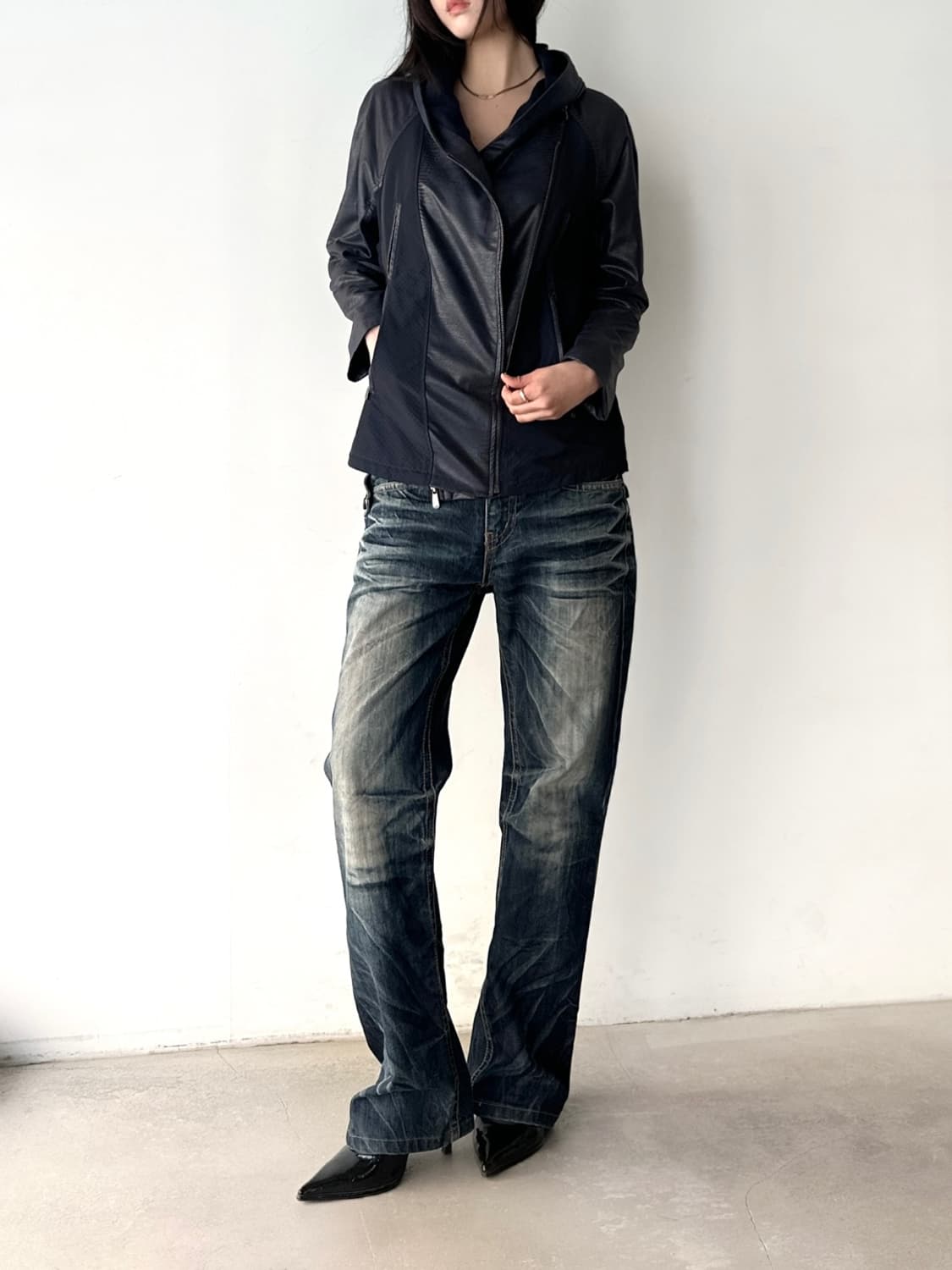 CROCODILE crack leather mix jacket  상품이미지7