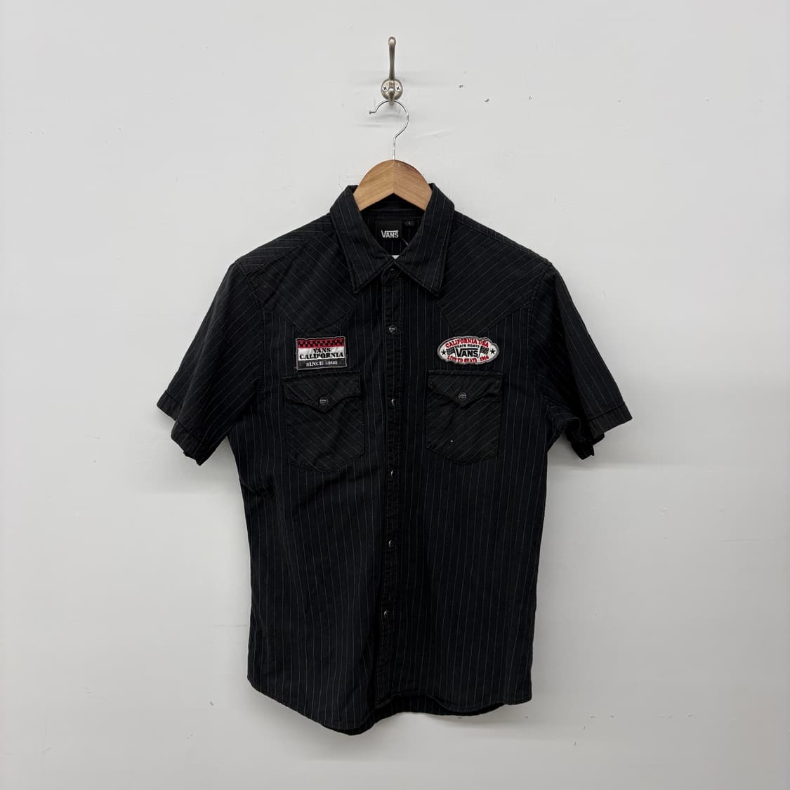 반스 블랙 스트라이프 반팔 셔츠 패치 여성L 상품이미지1