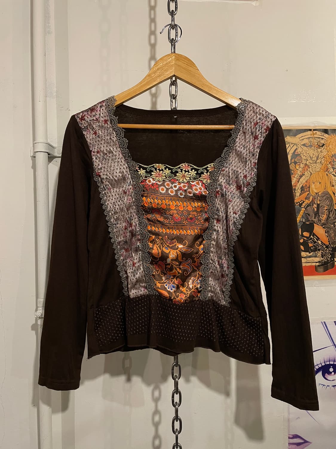 플라워 도트 자수 패치워크 브라운 롱슬리브 오리엔탈 상품이미지1