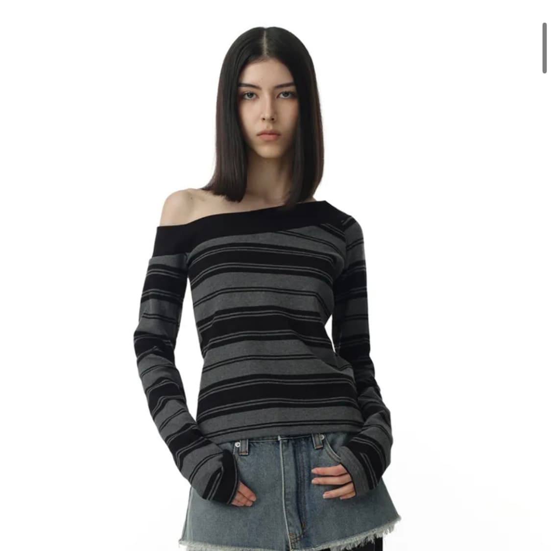 밀로우먼 원숄더 스트라이프 티셔츠 상품이미지1