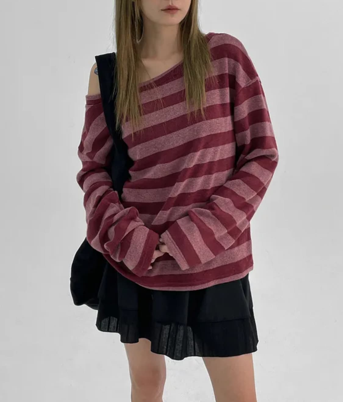 단종템) 블랙업 워벗 스트라이프 보트넥 긴팔티 버건디 상품이미지1