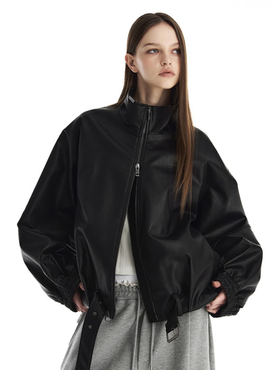 (택O) 트리밍버드 벨티드 오버사이즈 레더 블루종 자켓 상품이미지3