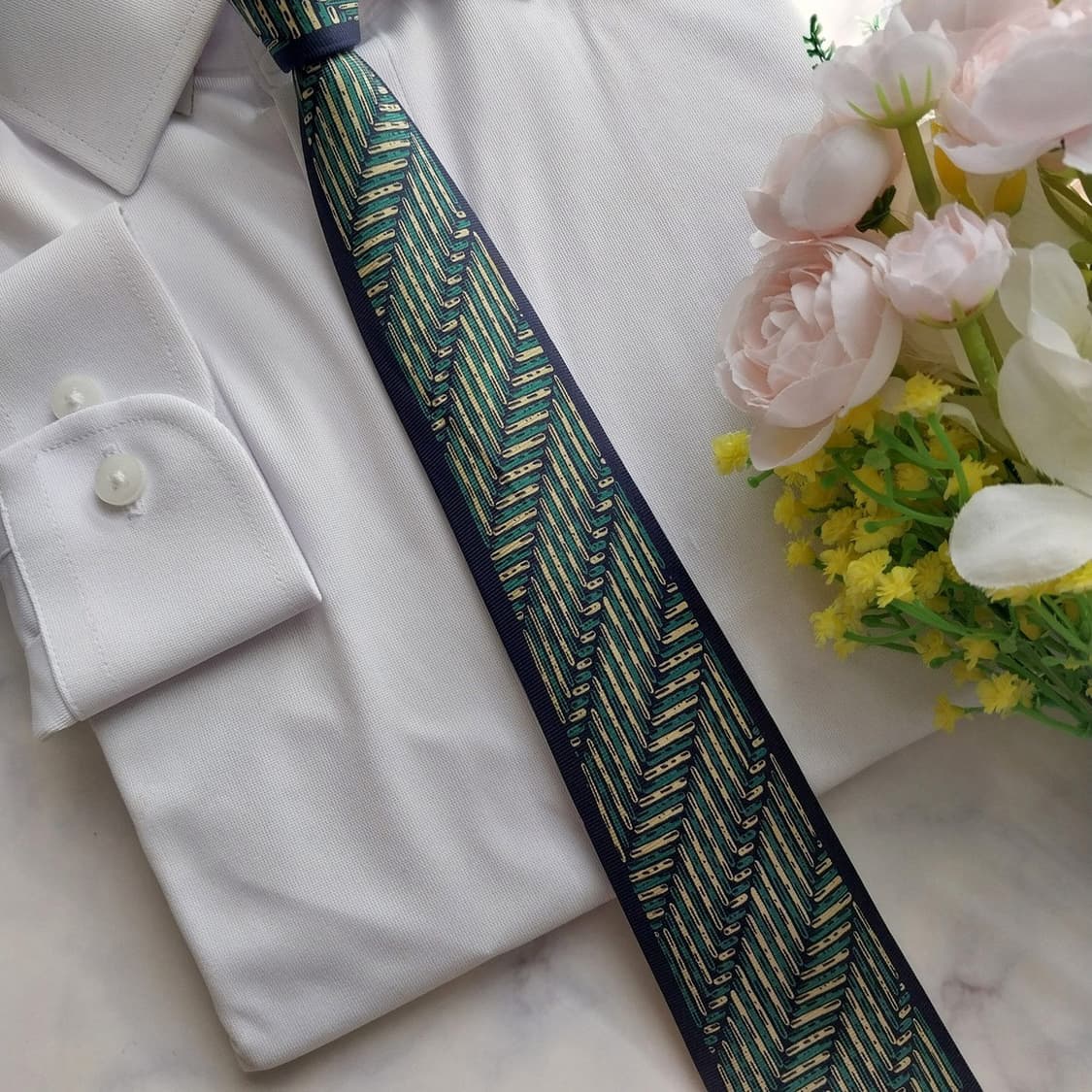 밀라숀 실크 네이비&그린 헤링본 패턴 넥타이 8.5cm A등급 K1279 상품이미지8