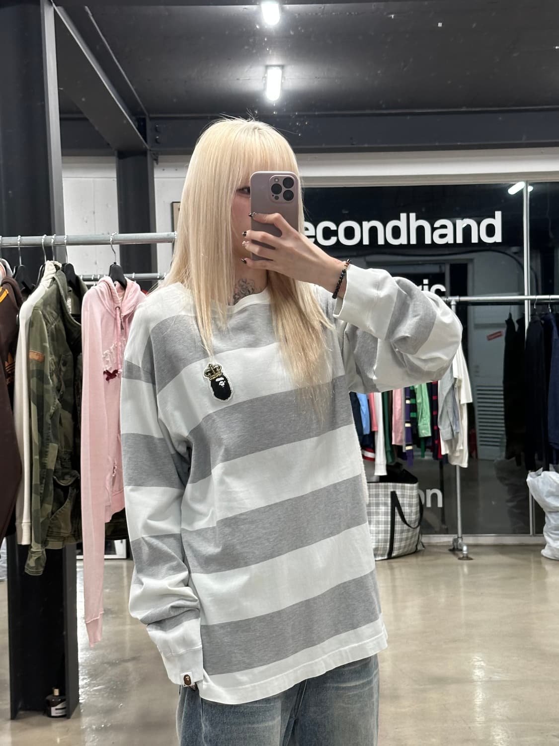 베이프 그레이 스트라이프 크라운 자수 긴팔 슬리브 상품이미지3