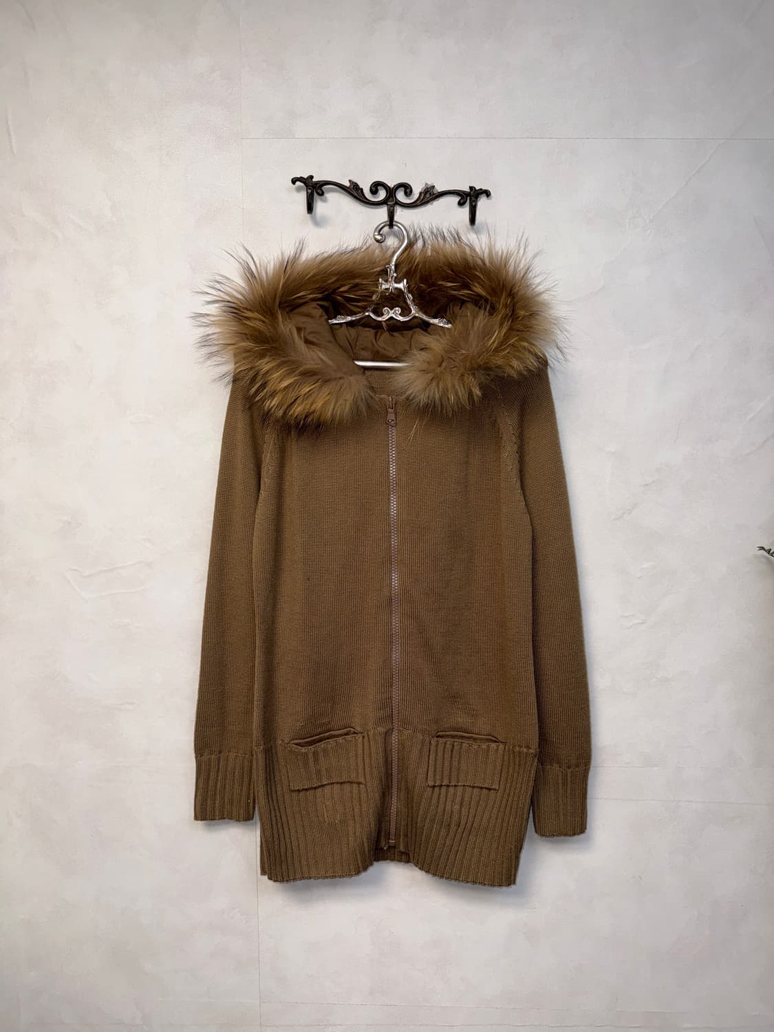 Brown fur hood zipup knit ops 상품이미지4