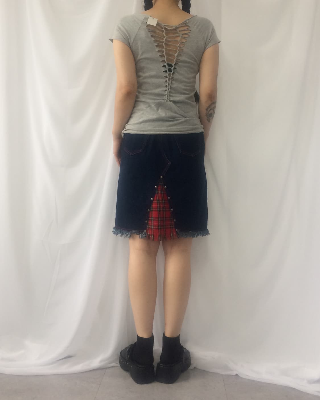 Patch point fringe denim midi skirt 상품이미지7