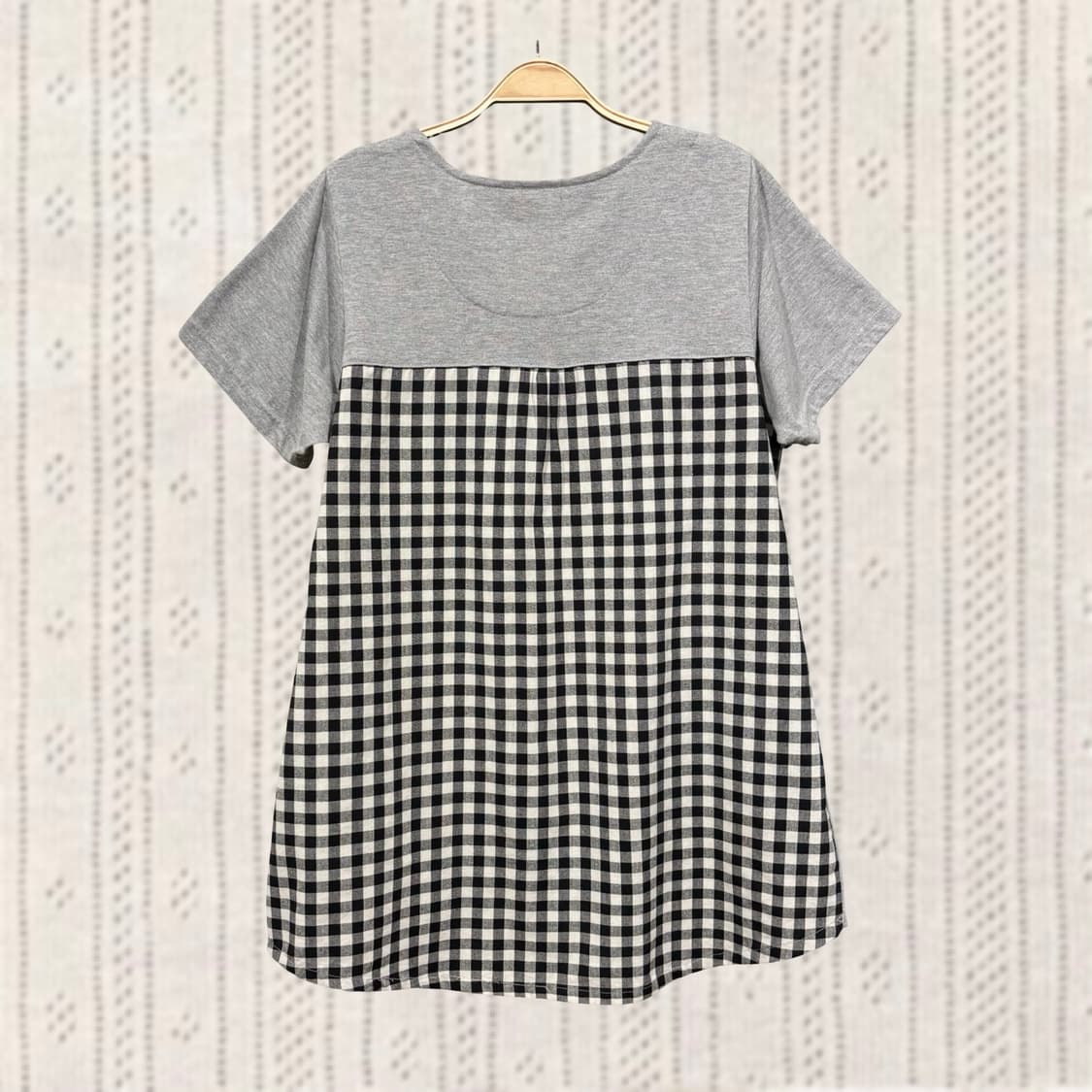 일본 빈티지 코지 그레이 체크 배색 모리 반팔 티셔츠 상품이미지2
