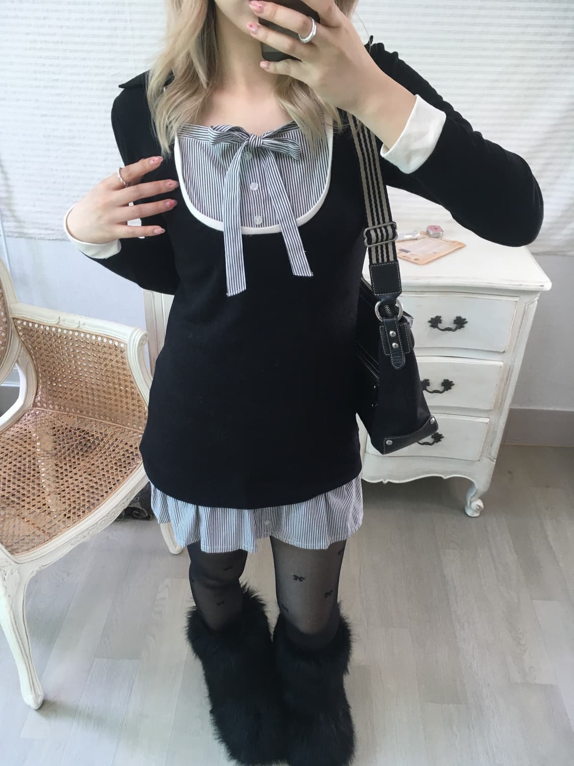 navy ribbon layered slim shirt one-piece 상품이미지1