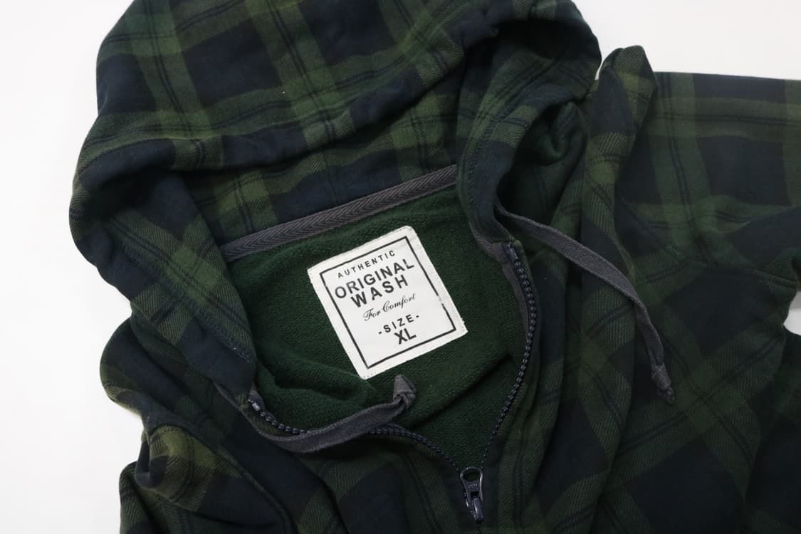 AUTHENTIC 워시드 그린 블랙 타탄 체크 기모 후드 집업 (XL) 상품이미지6